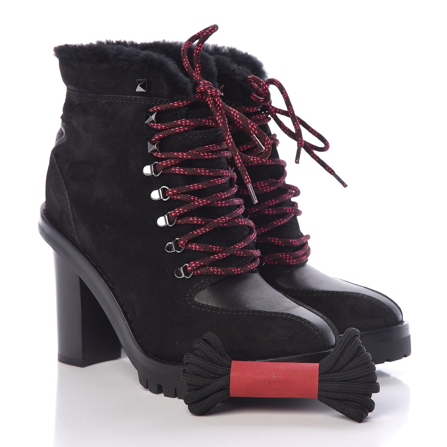 Valentino Garavani Suede Shearling Rockstud Lace-Up Ankle Boots 39.5 Black 8 of 8