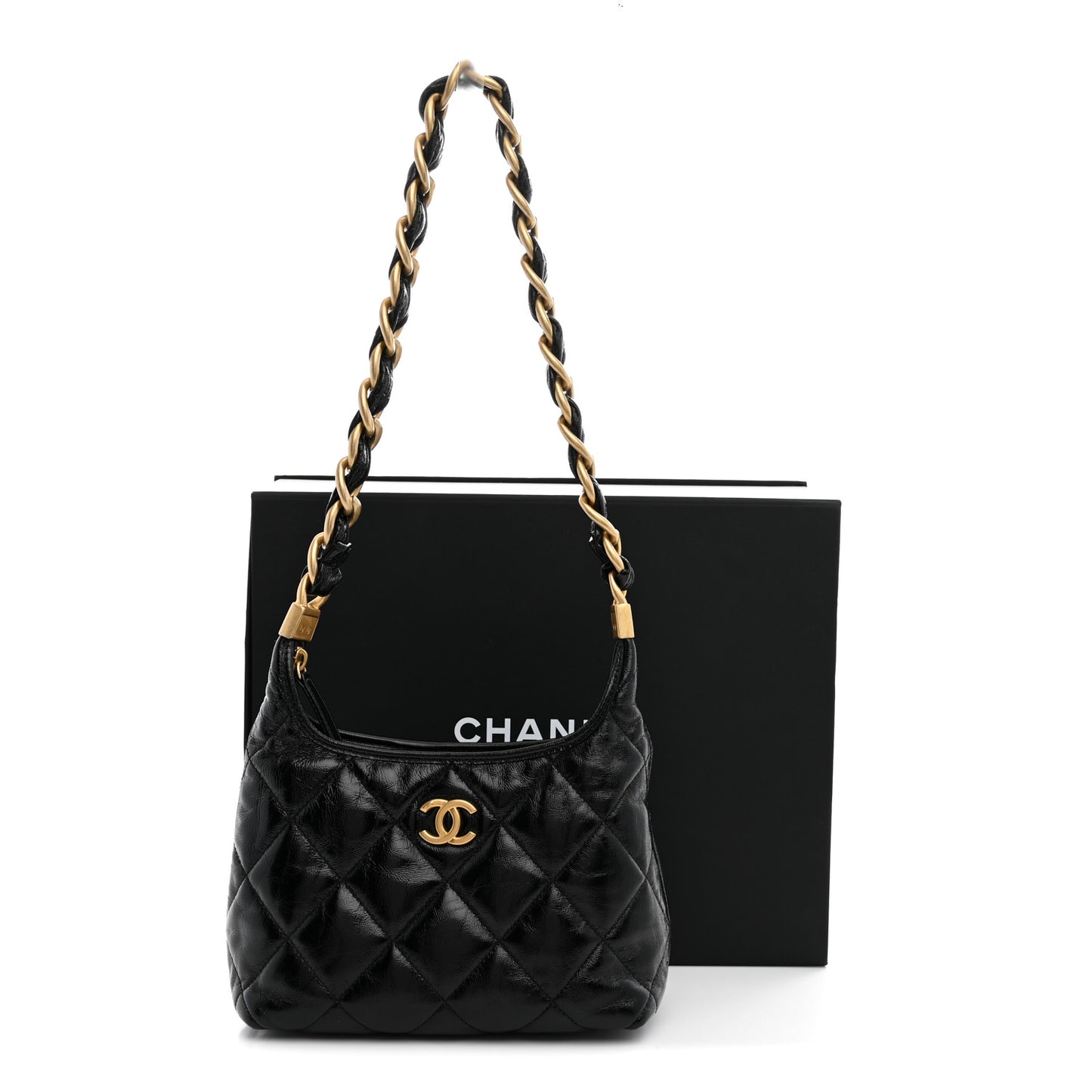 Shiny Crumpled Lambskin Quilted Small CC Funky Town Hobo Black