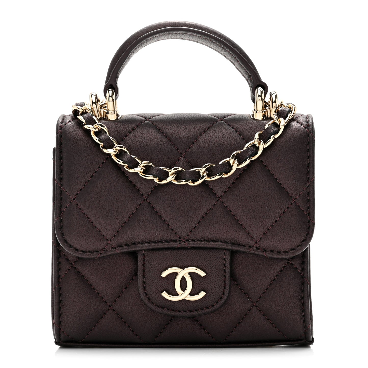 Iridescent Lambskin Quilted Top Handle Clutch With Chain Burgundy