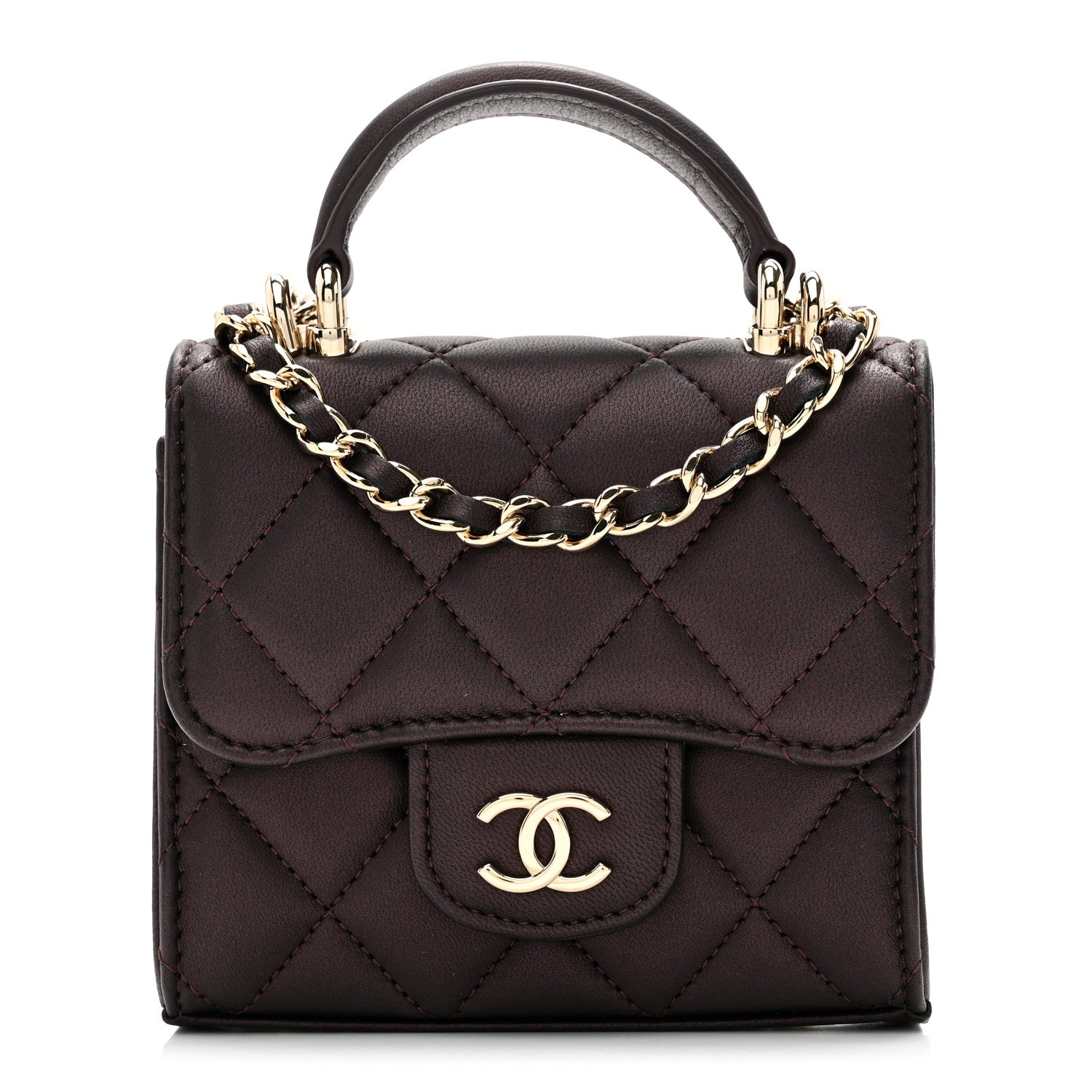 Chanel Iridescent Lambskin Quilted Top Handle Clutch With Chain Burgundy 1 of 11