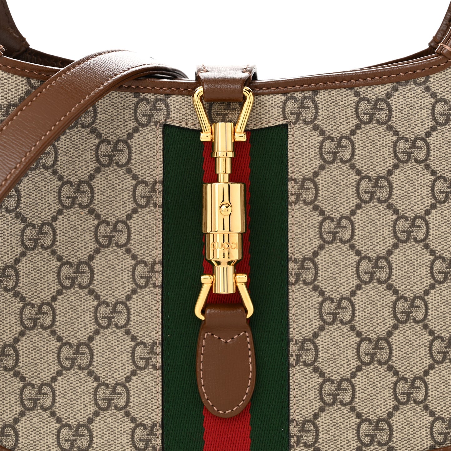 GG Supreme Monogram Azalea Calfskin Web Small Jackie 1961 Hobo Beige Ebony Brown Sugar