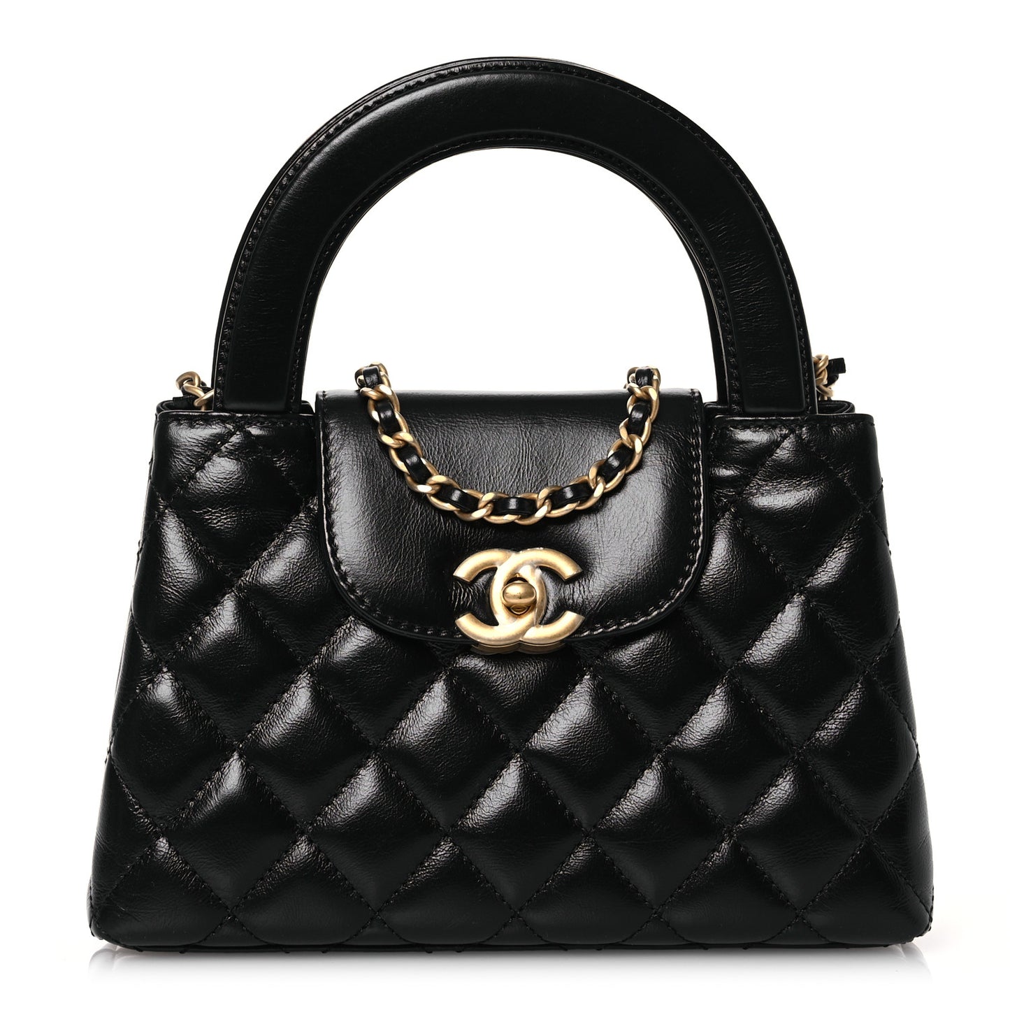 Shiny Aged Calfskin Quilted Nano Kelly Shopper Black