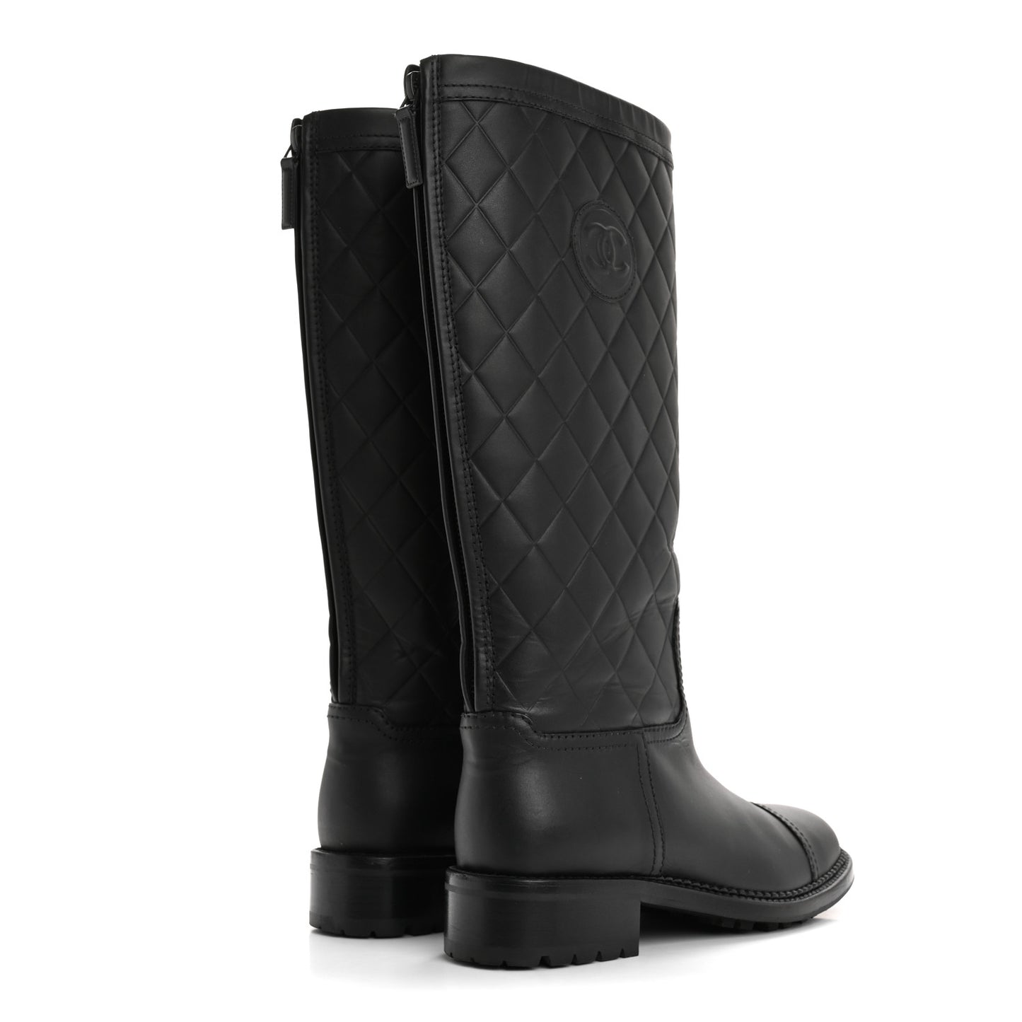 Oily Calfskin Quilted High Boots 37.5 Black