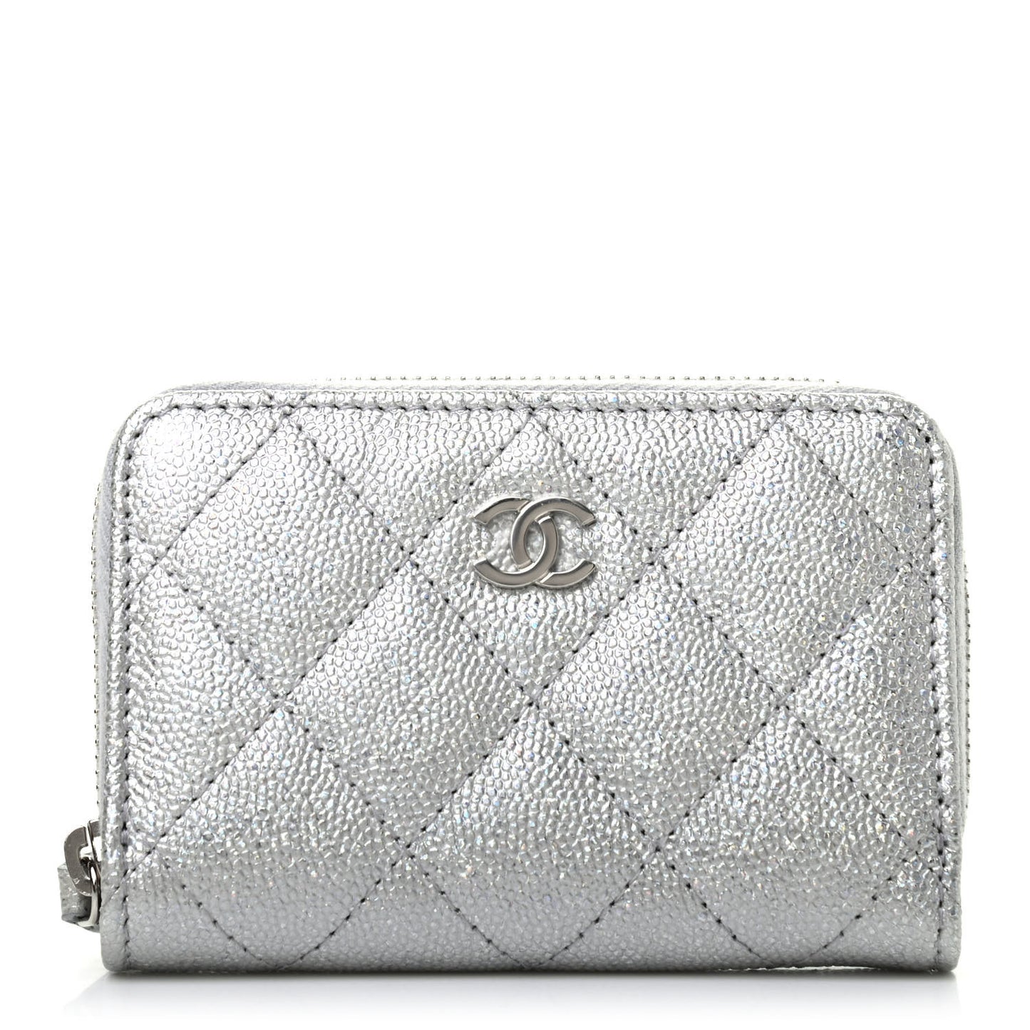 Glittered Metallic Caviar Quilted Zip Coin Purse Wallet Silver