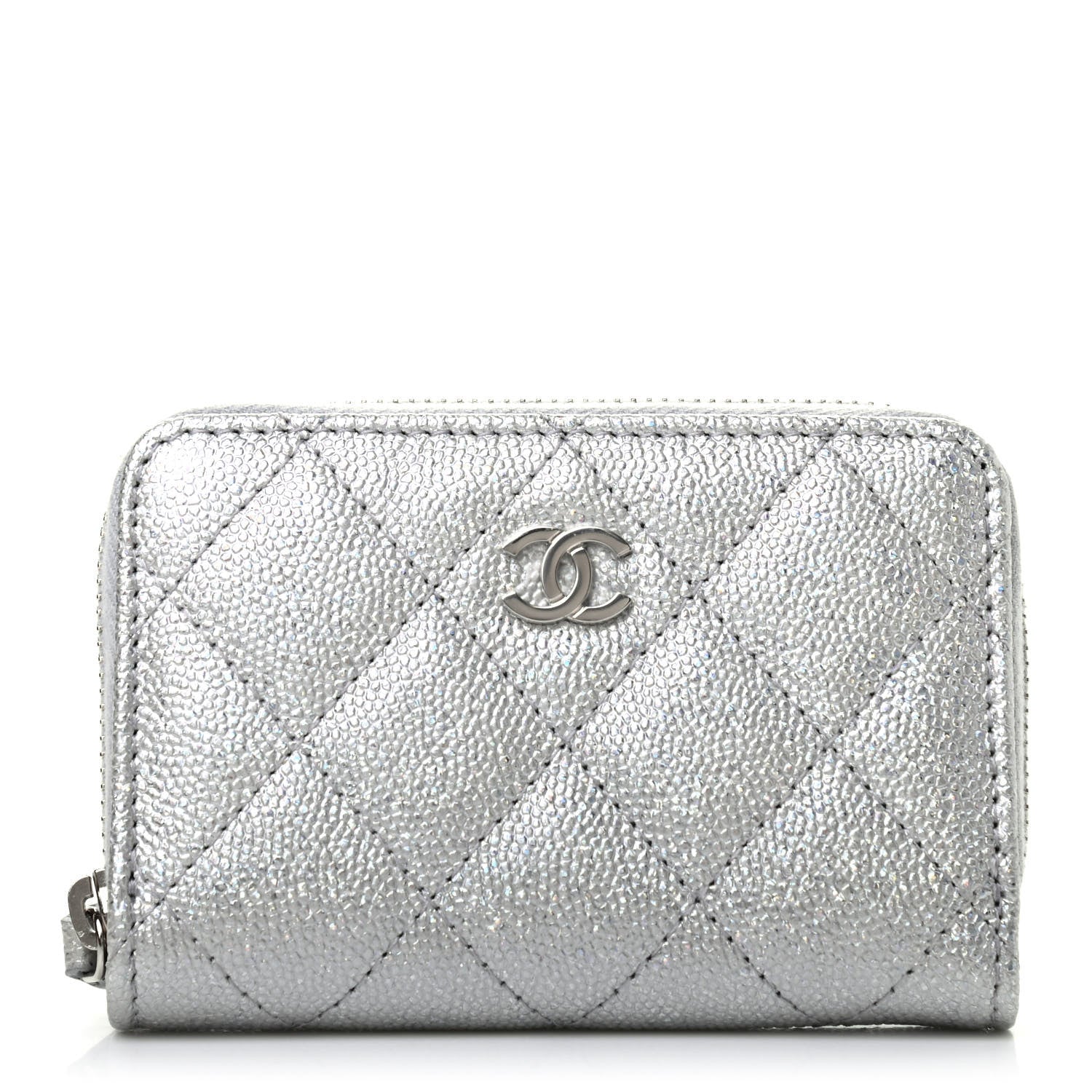 Chanel Glittered Metallic Caviar Quilted Zip Coin Purse Wallet Silver 1 of 7