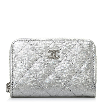 Chanel Glittered Metallic Caviar Quilted Zip Coin Purse Wallet Silver 1 of 7