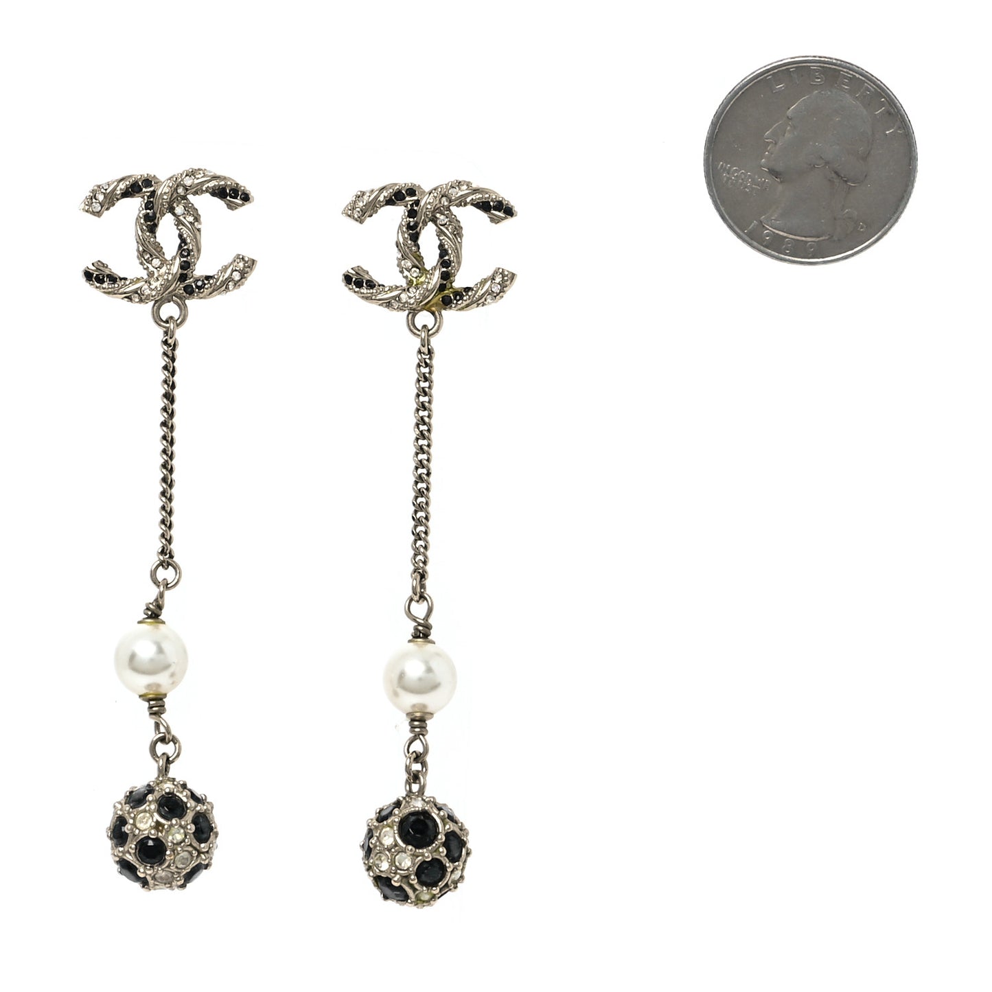 Crystal Pearl CC Ball Chain Drop Earrings Gold Black