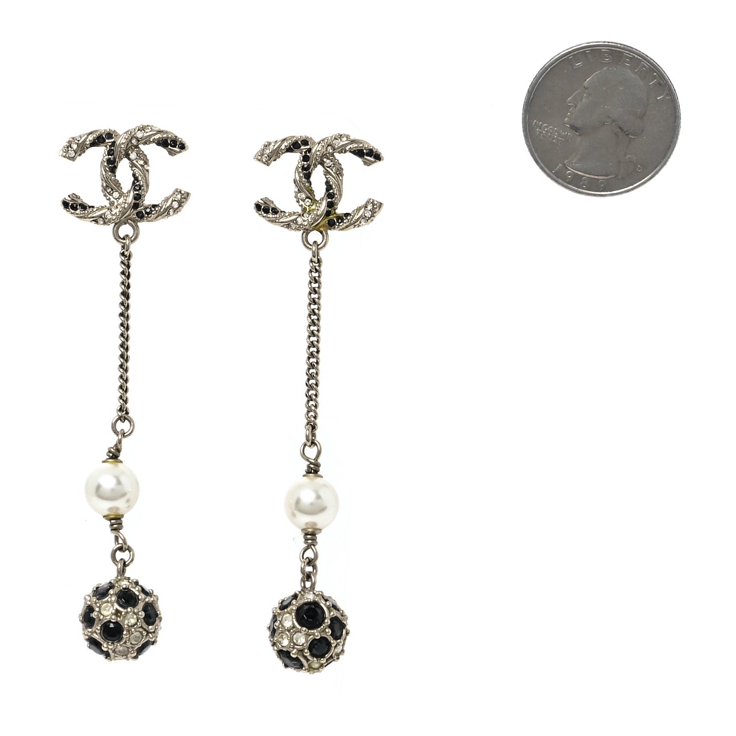 Chanel Crystal Pearl CC Ball Chain Drop Earrings Gold Black 2 of 5
