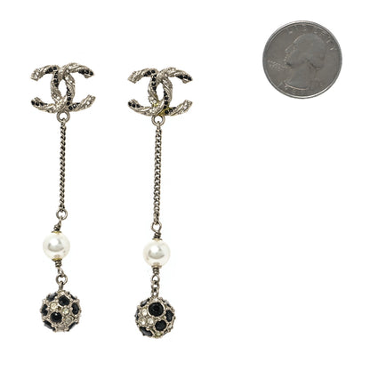Chanel Crystal Pearl CC Ball Chain Drop Earrings Gold Black 2 of 5