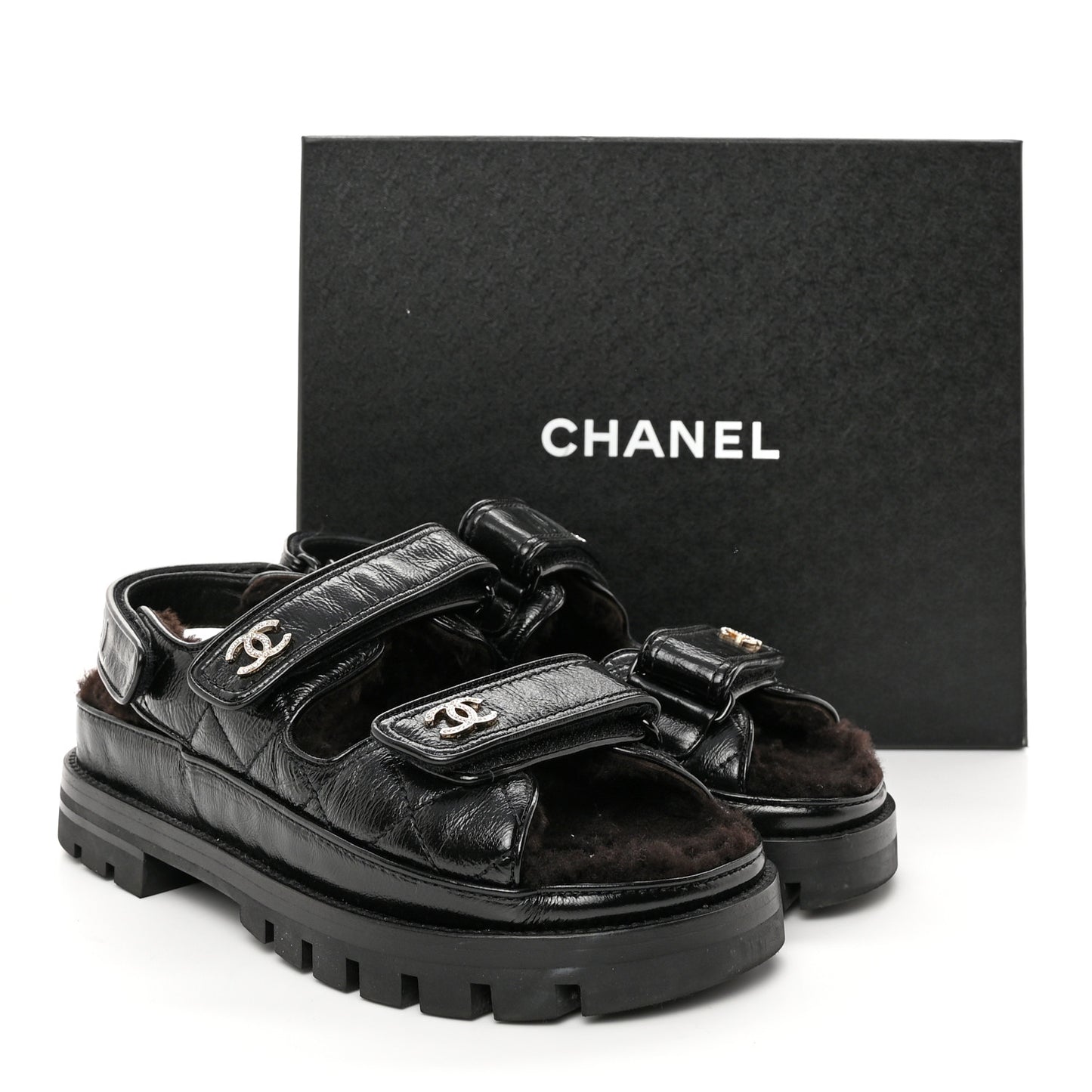 Laminated Lambskin Shearling Crystal CC Velcro Dad Platform Sandals 36 Black