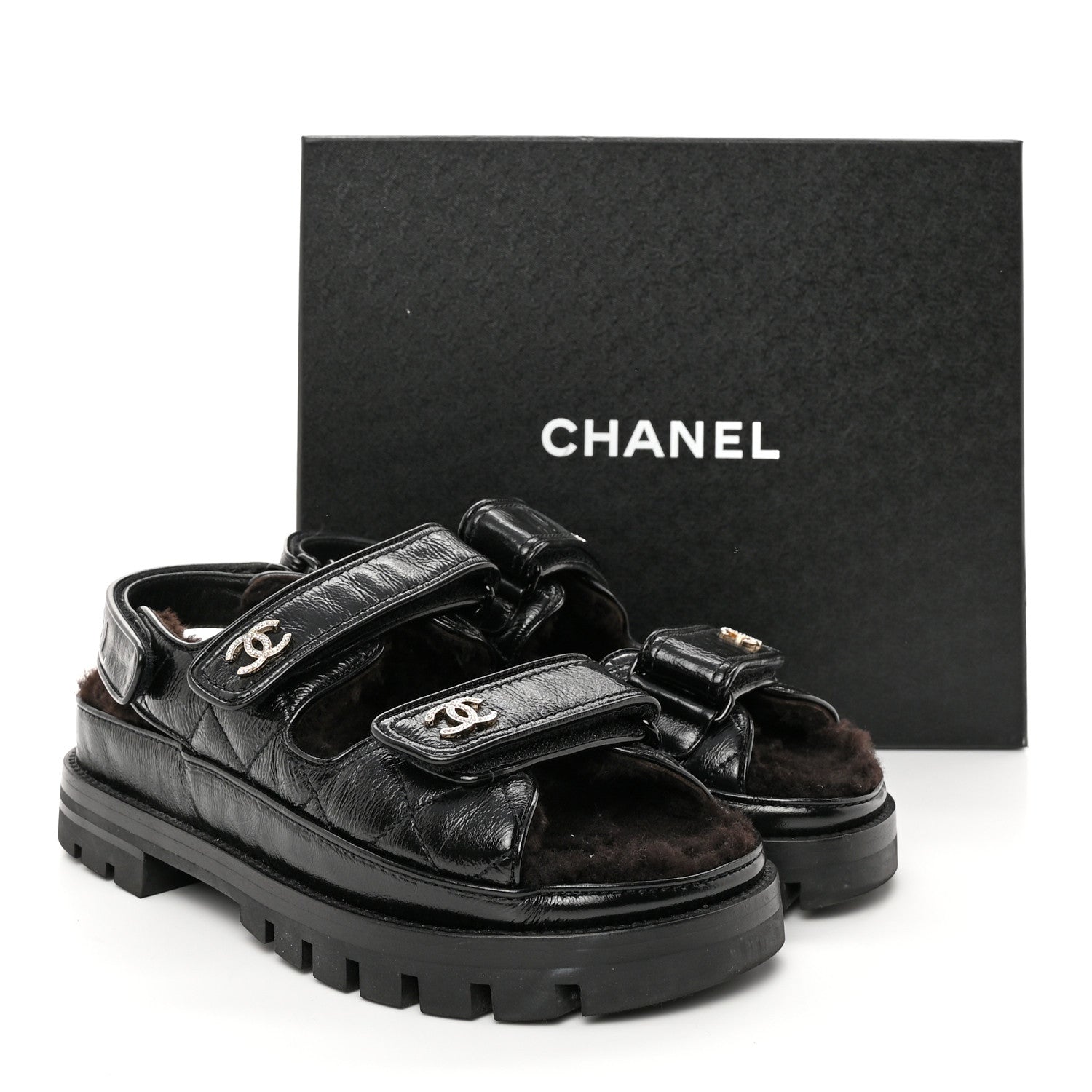 Chanel Laminated Lambskin Shearling Crystal CC Velcro Dad Platform Sandals 36 Black 12 of 12