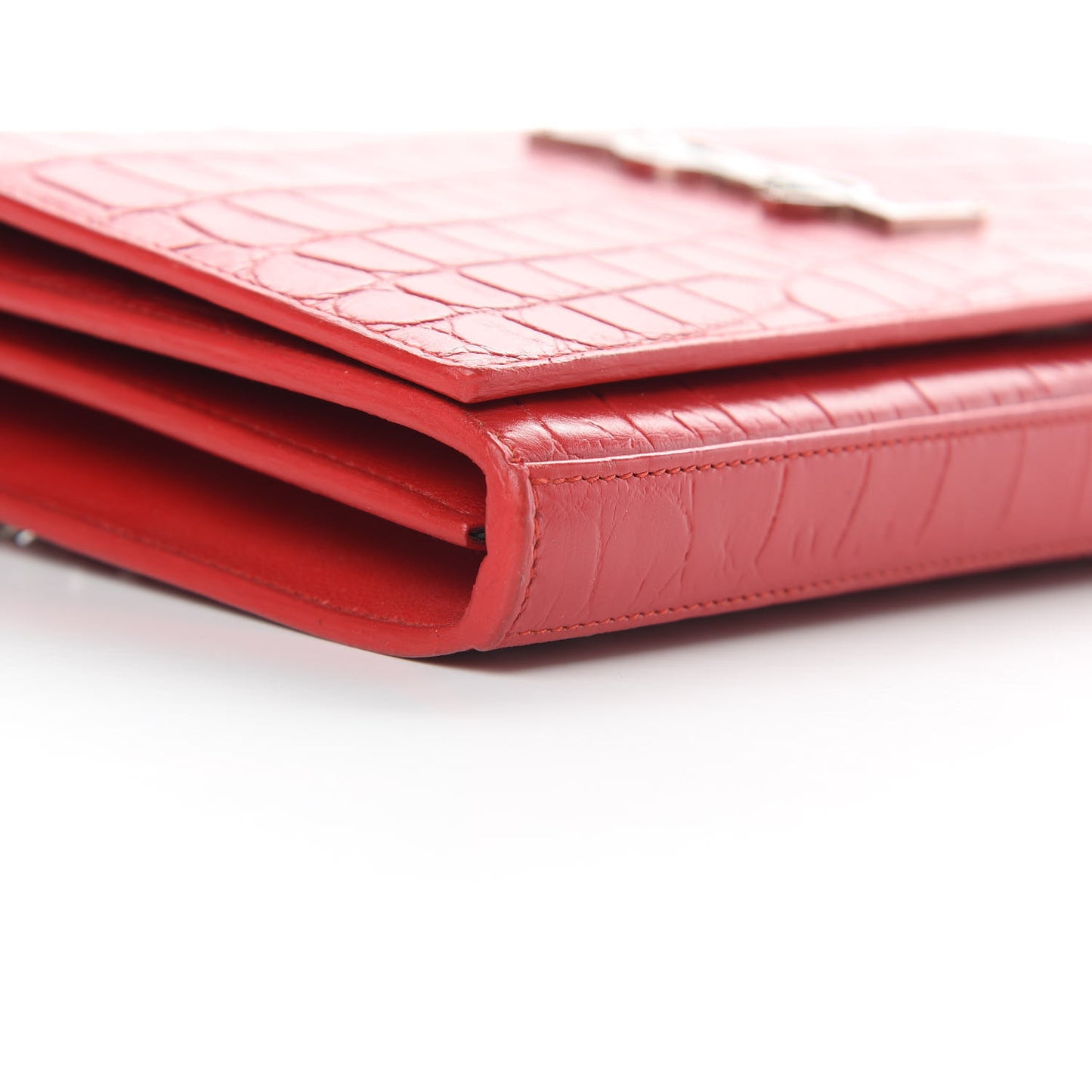 Calfskin Crocodile Embossed Monogram Chain Wallet New Red