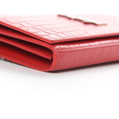 Saint Laurent Calfskin Crocodile Embossed Monogram Chain Wallet New Red 10 of 13