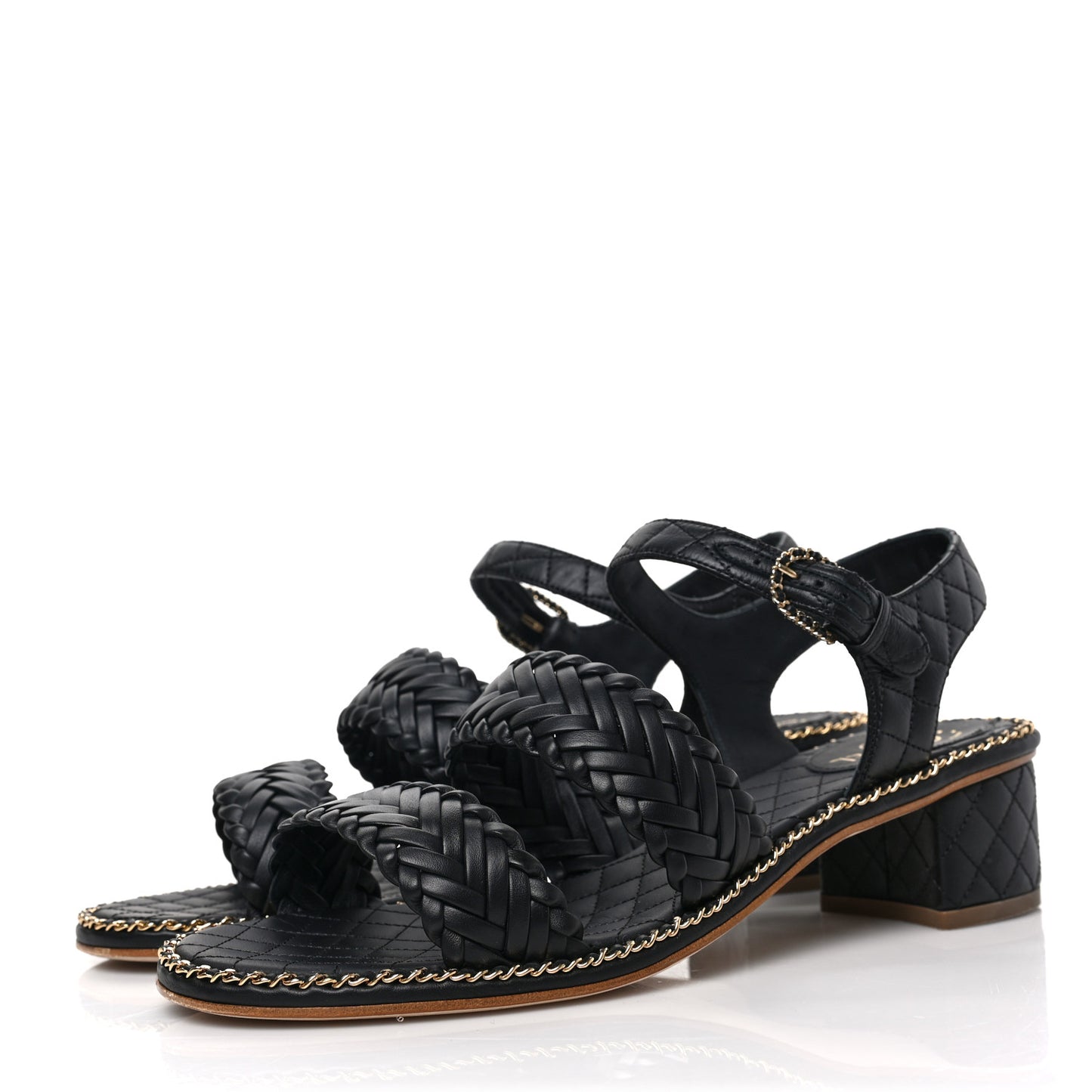 Calfskin Woven Chain Around CC Sandals 40.5 Black