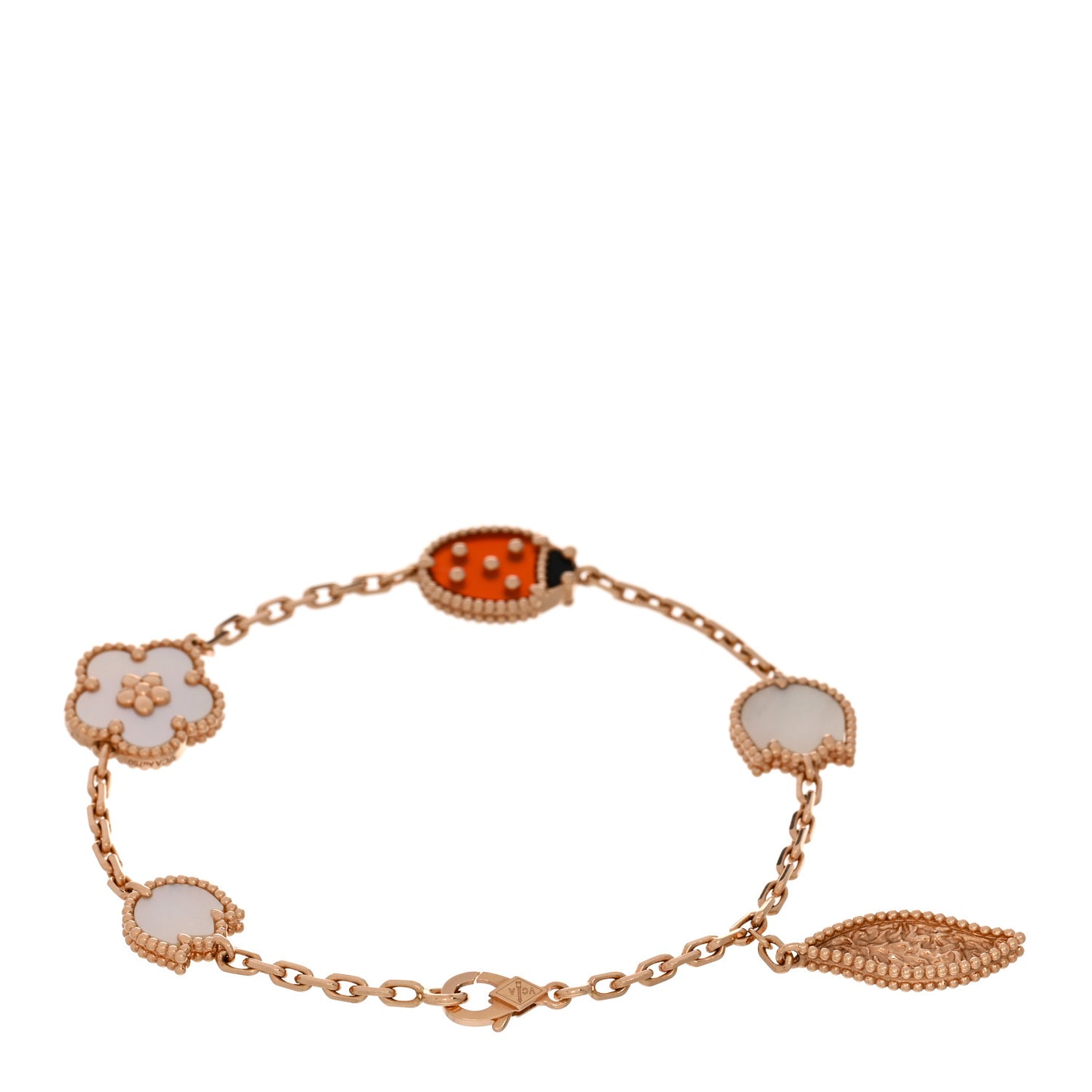 18K Rose Gold Carnelian Mother of Pearl Onyx 5 Motifs Lucky Spring Bracelet
