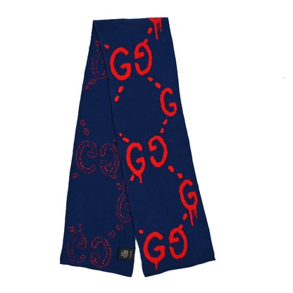 Gucci Wool Jacquard GucciGhost Jumbo GG Scarf Blue Red 2 of 3