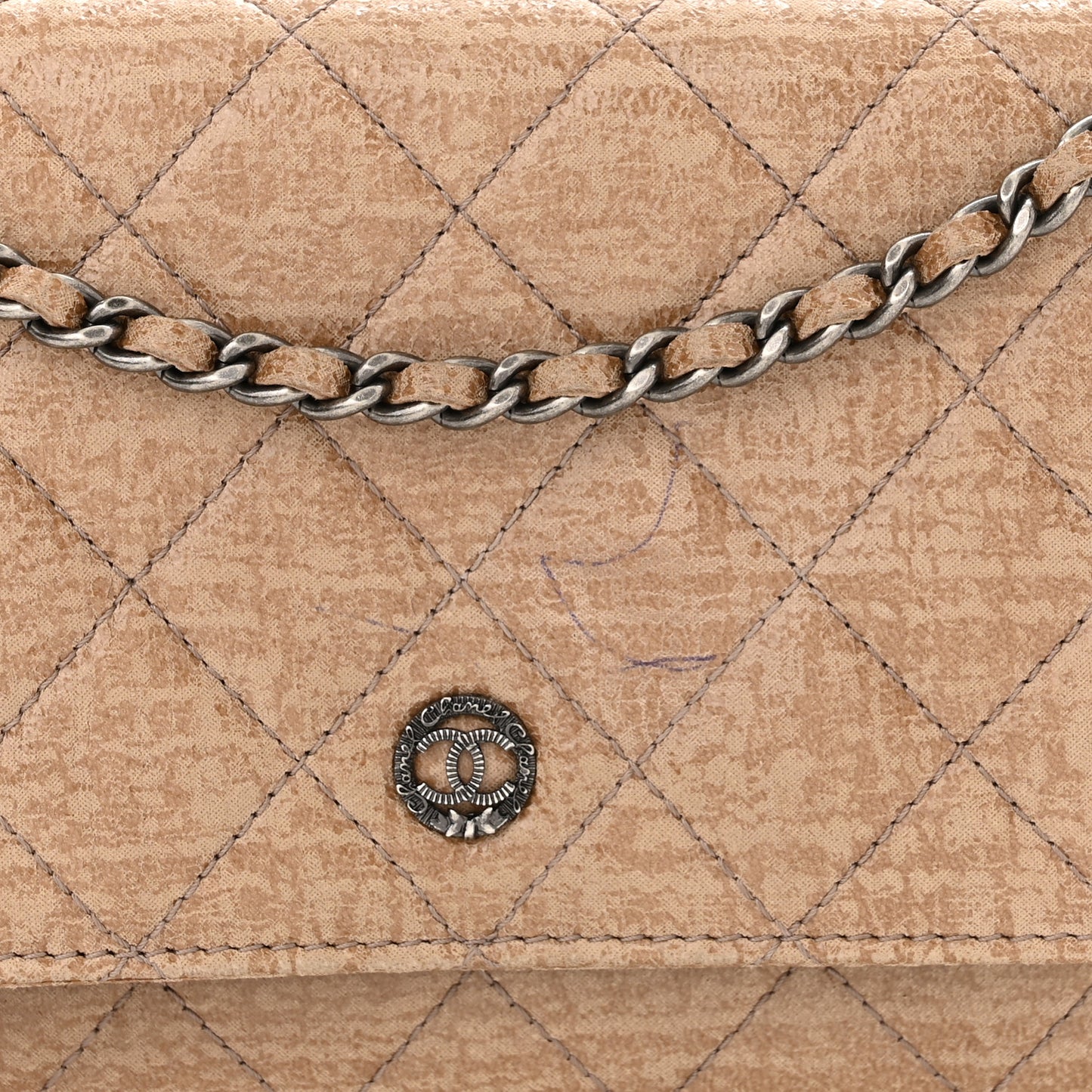 Crackled Coated Fabric Quilted Wallet On Chain WOC Beige