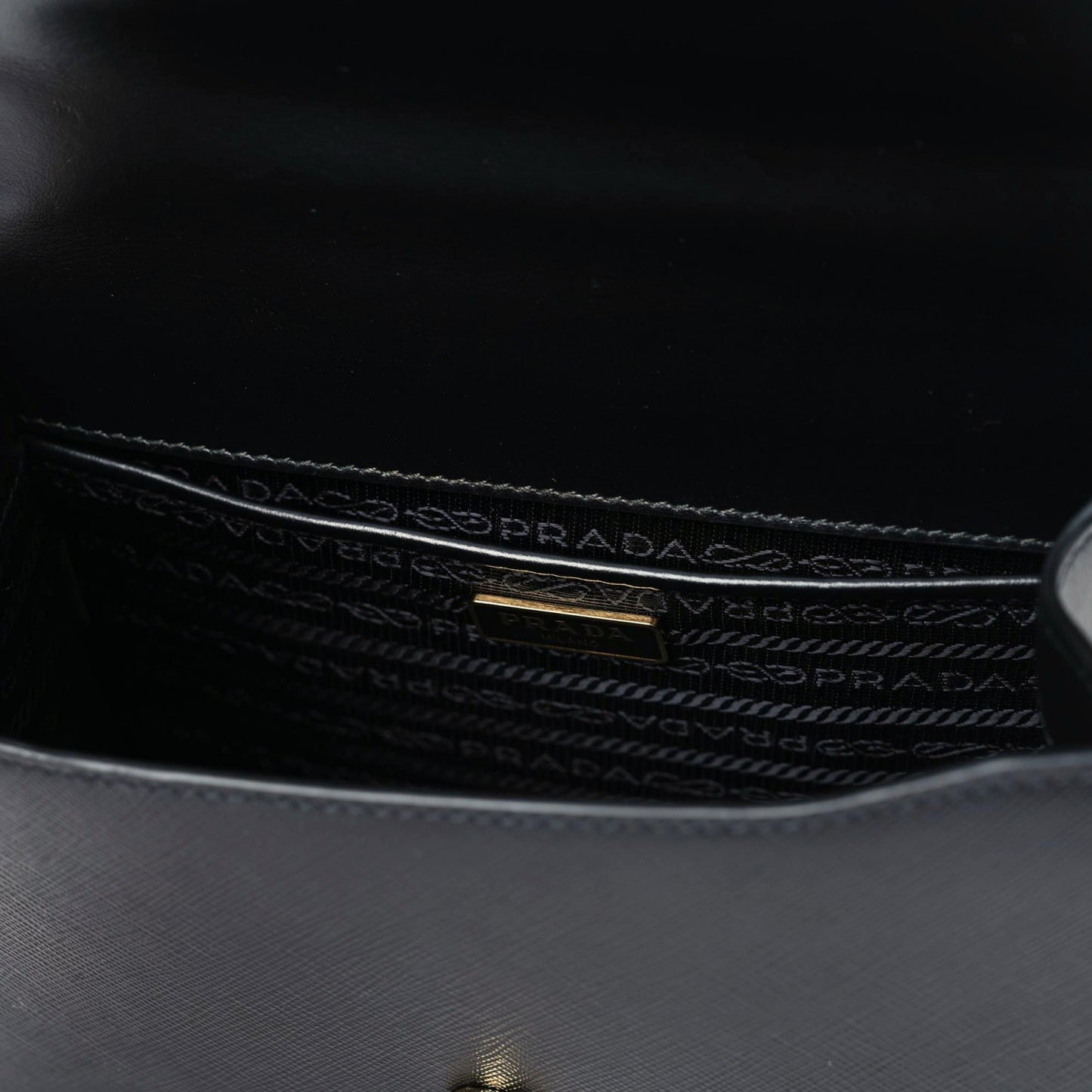Saffiano Soft Calfskin Metal Triangle Logo Envelope Chain Shoulder Bag Black