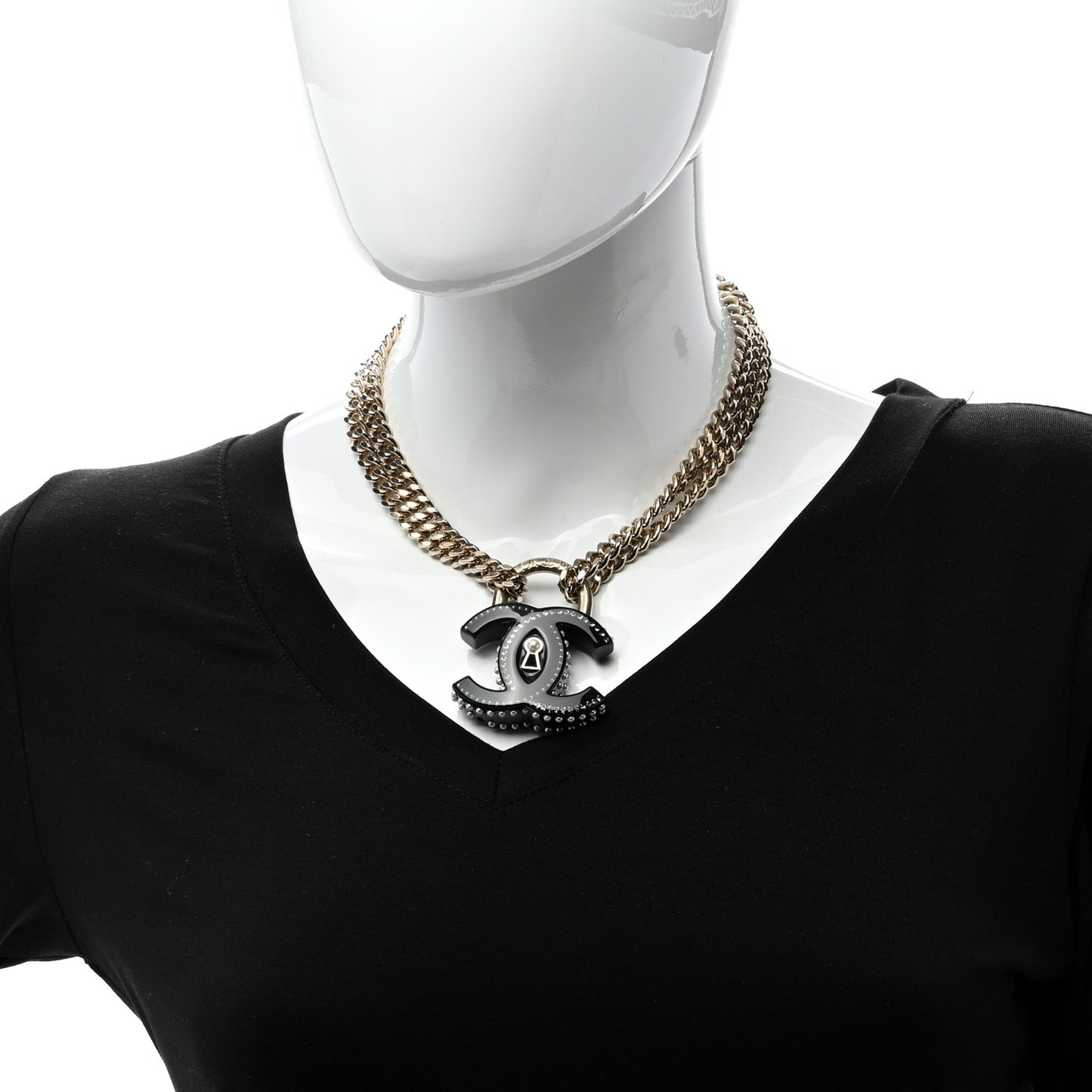 Crystal Pearl CC Chain Lock Choker Necklace Black Gold