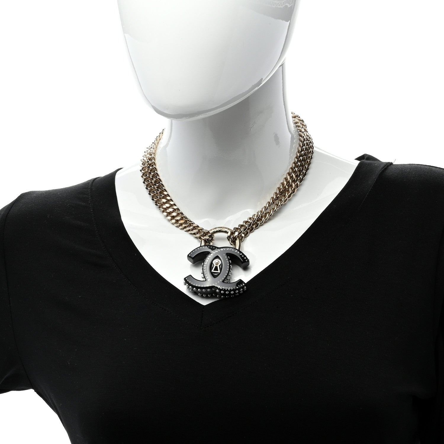 Chanel Crystal Pearl CC Chain Lock Choker Necklace Black Gold 2 of 5