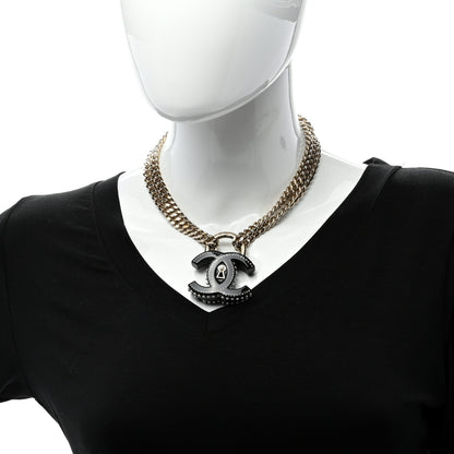 Chanel Crystal Pearl CC Chain Lock Choker Necklace Black Gold 2 of 5