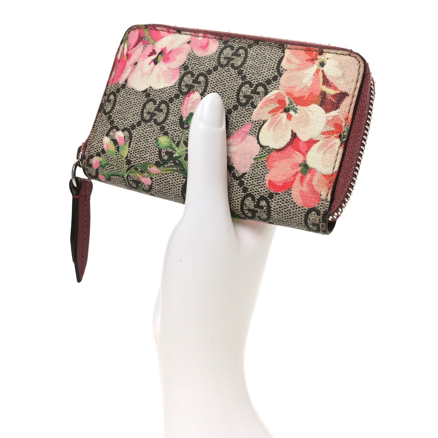 GG Supreme Monogram Blooms Zip Around Card Case Wallet Beige Multicolor Dry Rose