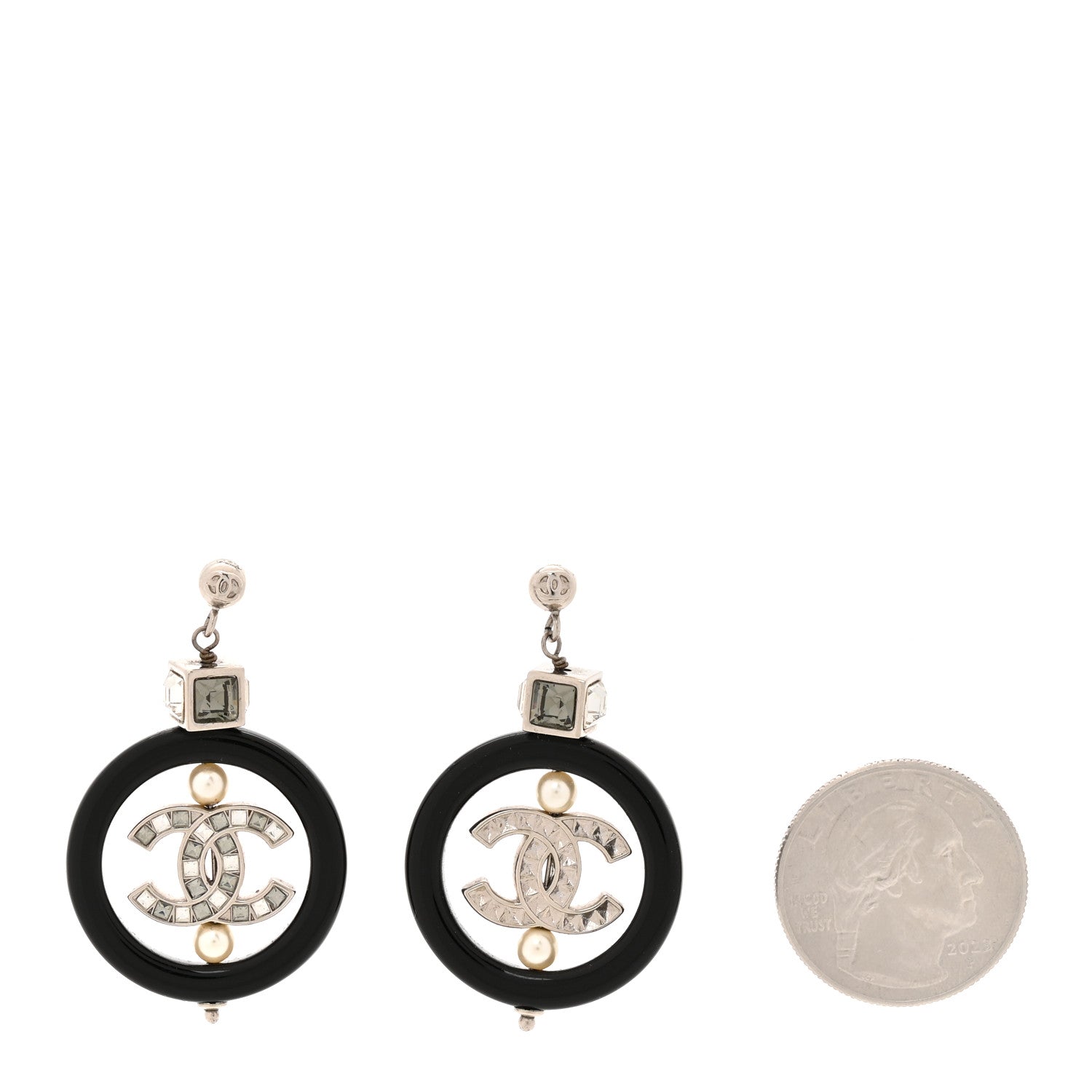 Chanel Metal Resin Crystal Pearl CC Drop Earrings Black Silver 2 of 5