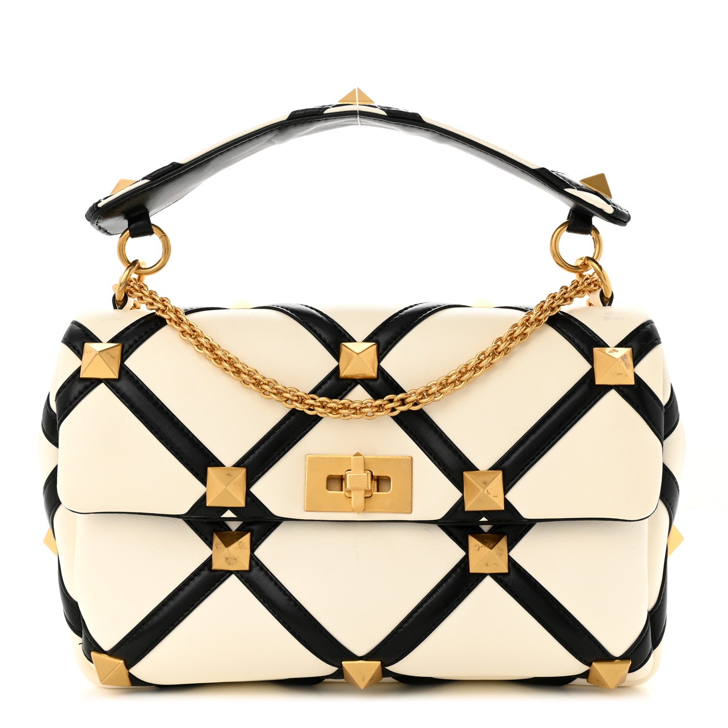 Valentino Garavani Nappa Large Roman Stud Shoulder Bag Ivory Black 1 of 15