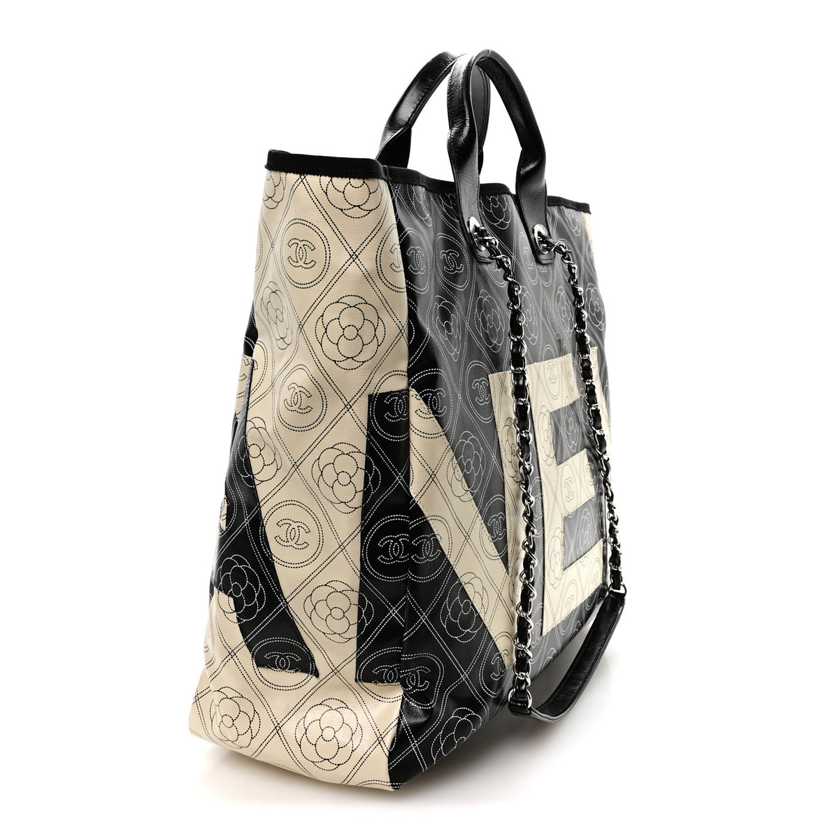 Coated Canvas Camellia Medium Shopping Tote Black Beige