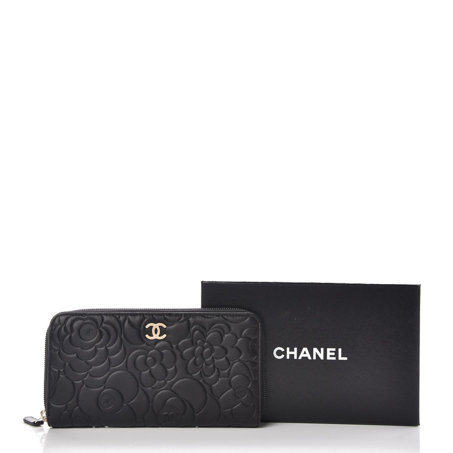 Lambskin Camellia Embossed Large Zip Around Gusset Wallet Black