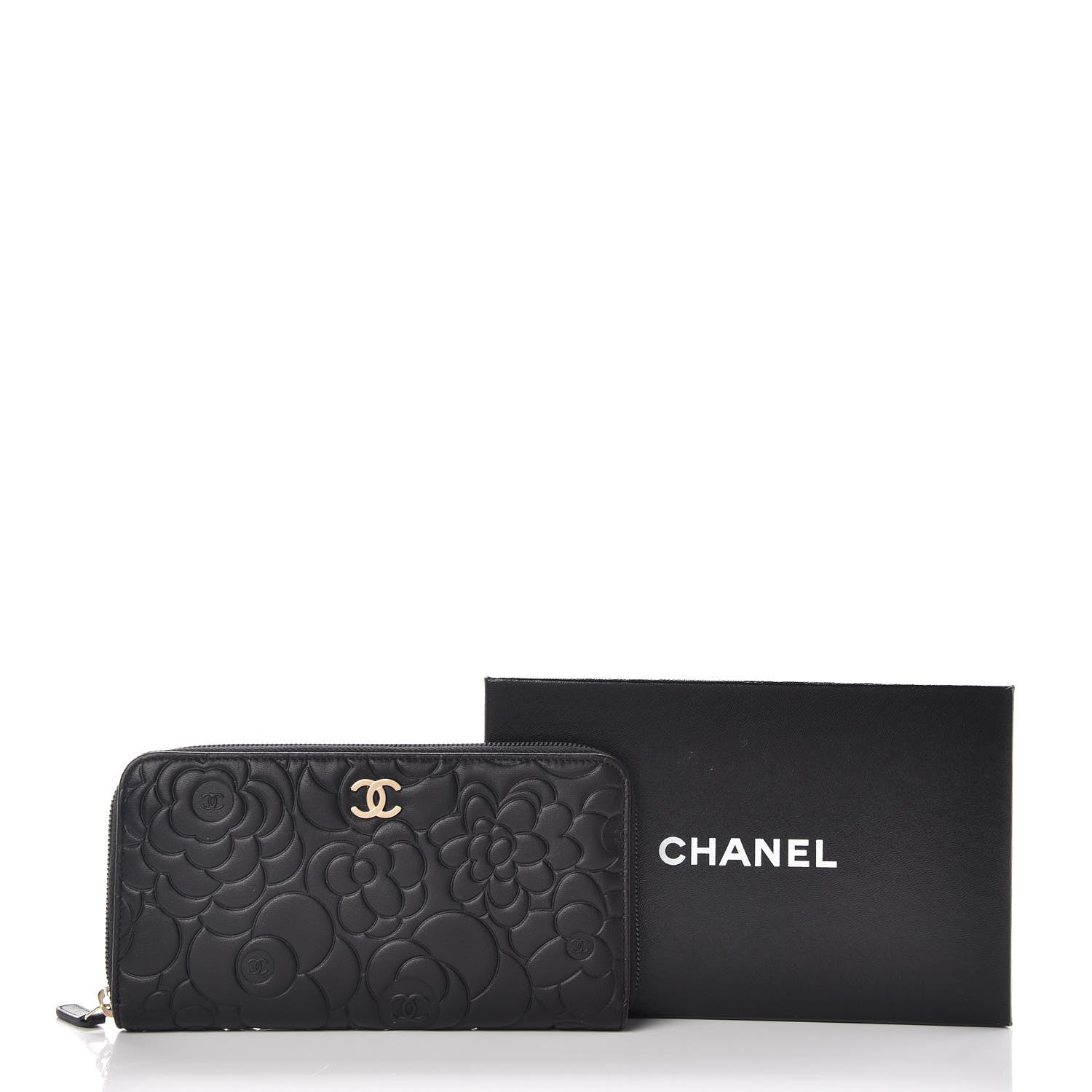 Chanel Lambskin Camellia Embossed Large Zip Around Gusset Wallet Black 11 of 11
