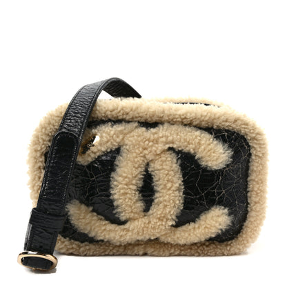 Chanel Shiny Crumpled Sheepskin Shearling Waist Bag Black Beige 1 of 10
