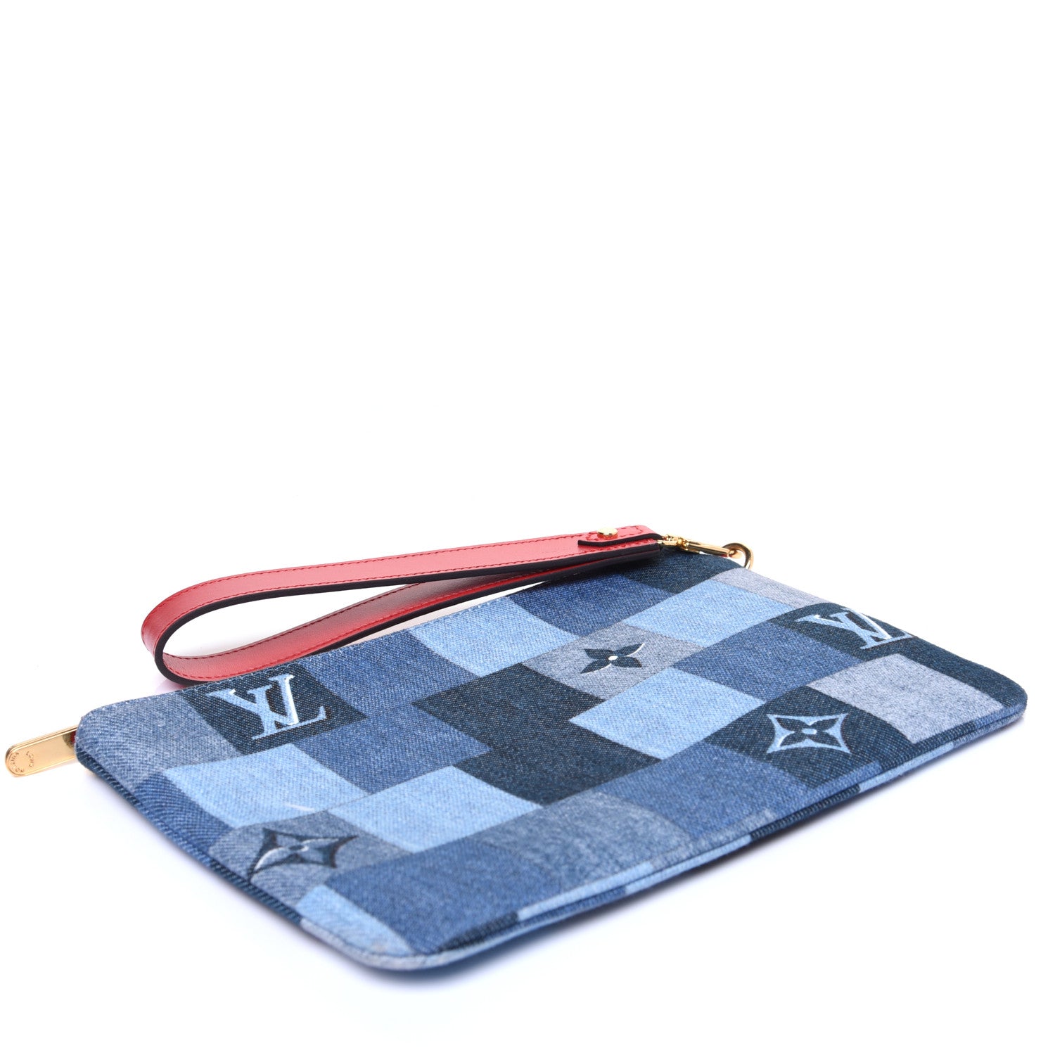 Louis Vuitton Denim Damier Monogram Patchwork Neverfull MM Pochette Bleu Rouge 4 of 10