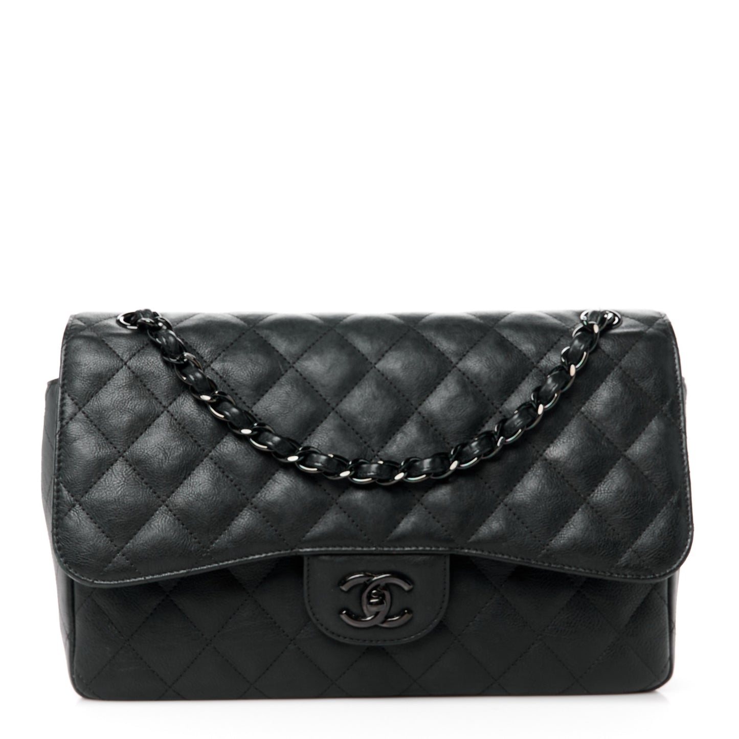 Crumpled Calfskin Quilted Jumbo Double Flap So Black