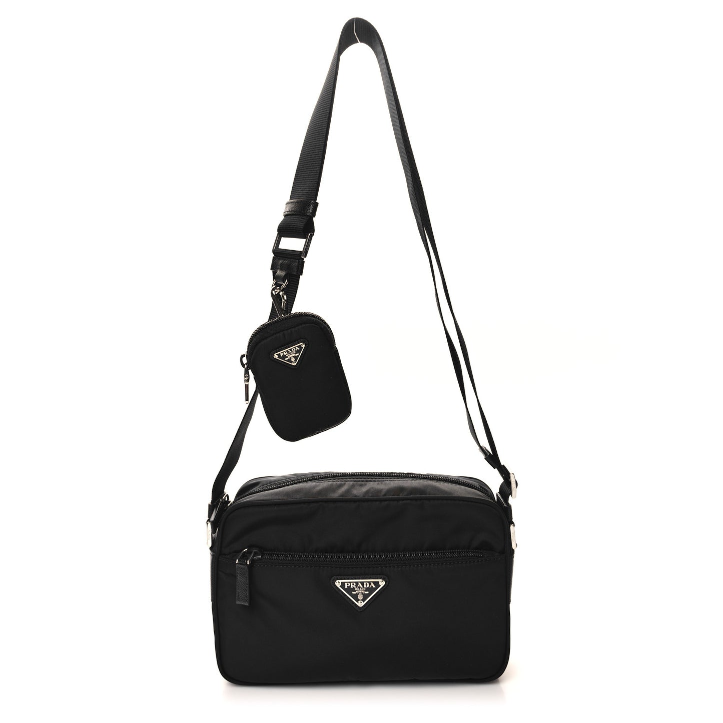 Re-Nylon Vela Saffiano Pocket Double Zip Shoulder Bag Black