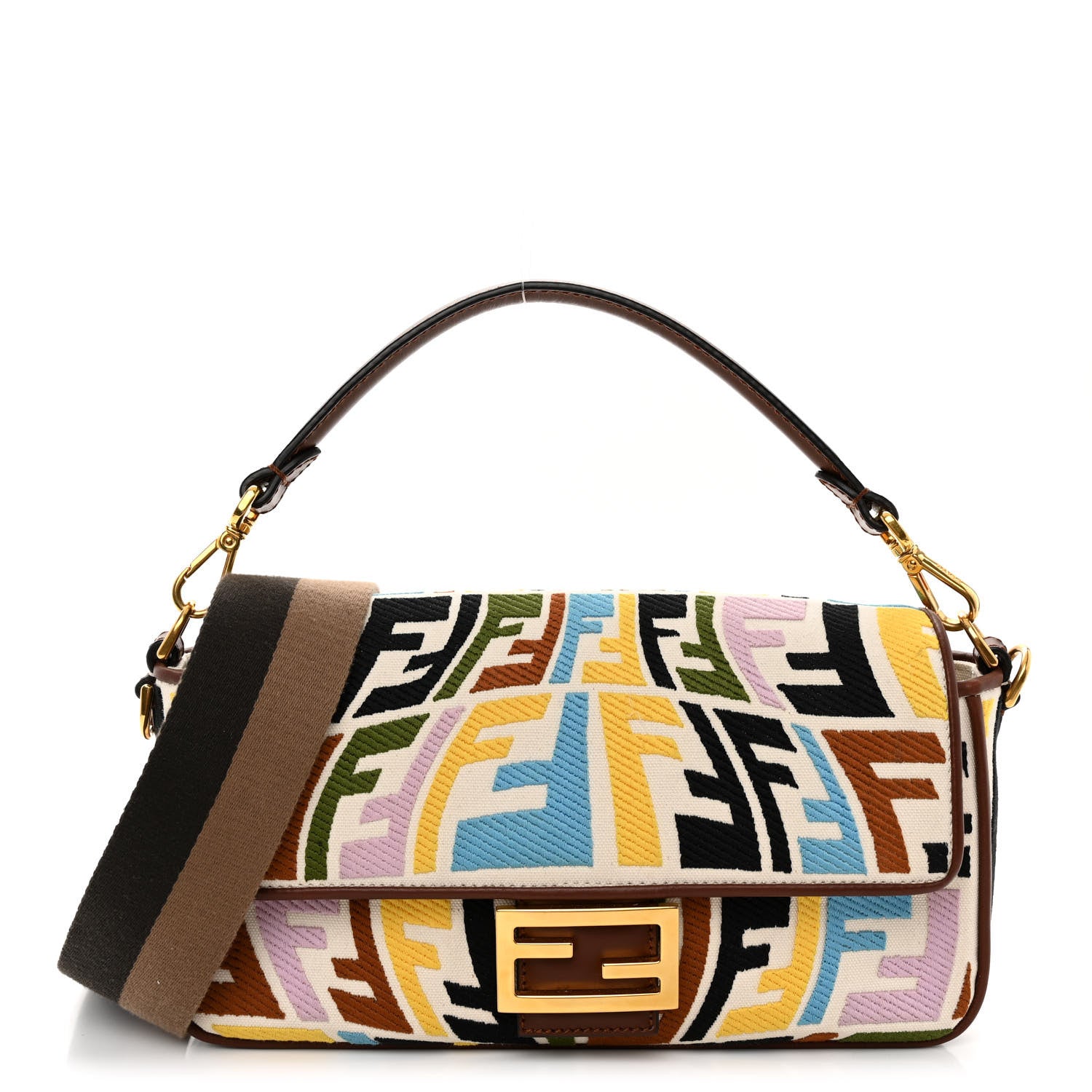 Fendi X SARA COLEMAN Canvas Vitello King Seta FF Fish Eye Embroidered Baguette Grezzo Multicolor Ghianda 1 of 9