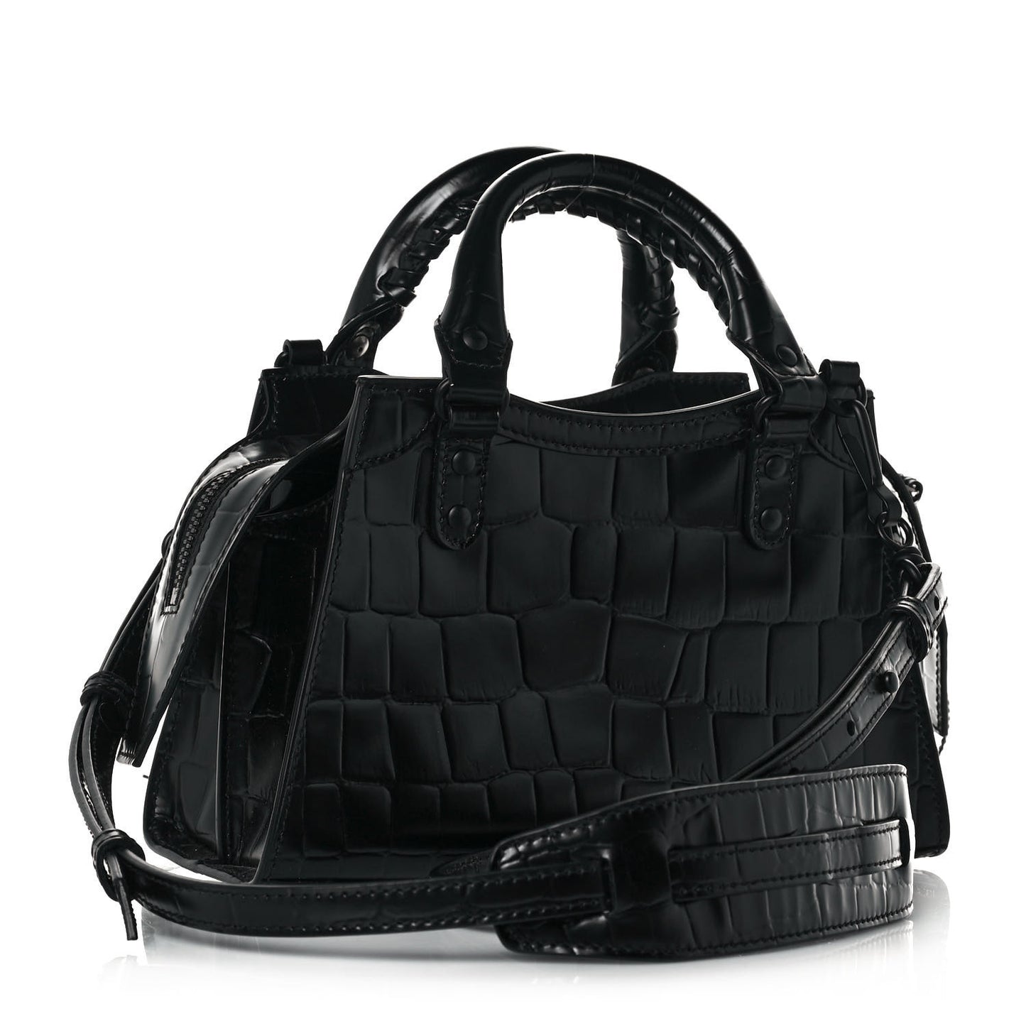 Semi Shiny Calfskin Crocodile Embossed Neo Classic Black Hardware Mini City Black