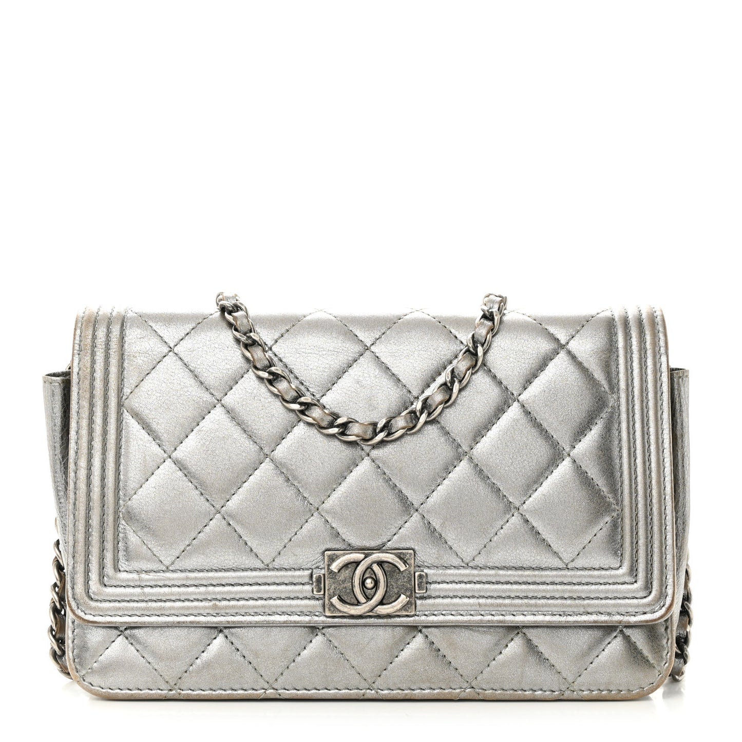 Metallic Calfskin Quilted Boy Wallet On Chain WOC Silver