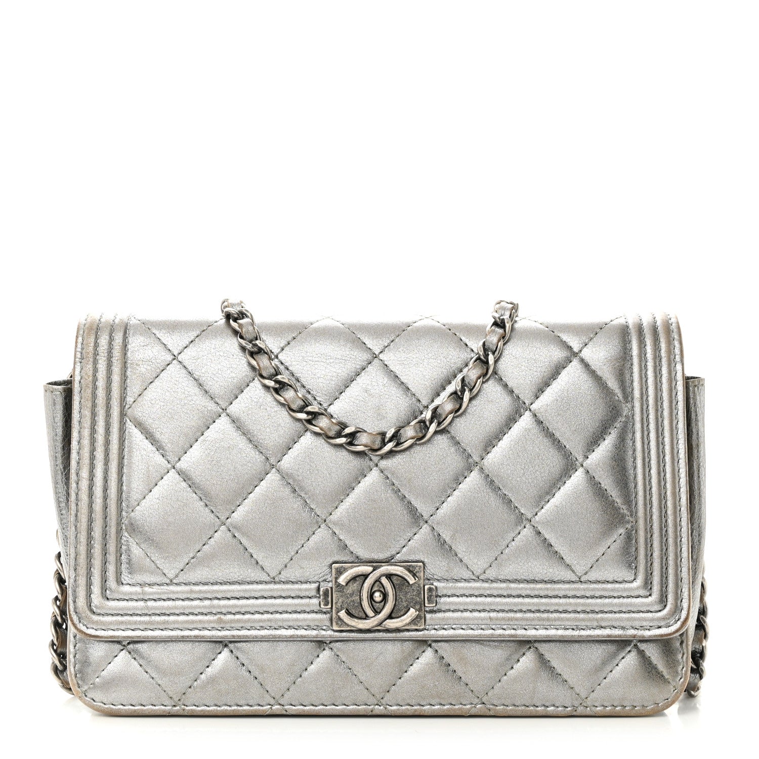 Chanel Metallic Calfskin Quilted Boy Wallet On Chain WOC Silver 1 of 11