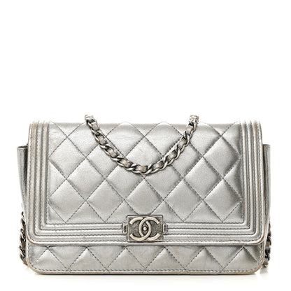 Chanel Metallic Calfskin Quilted Boy Wallet On Chain WOC Silver 1 of 11