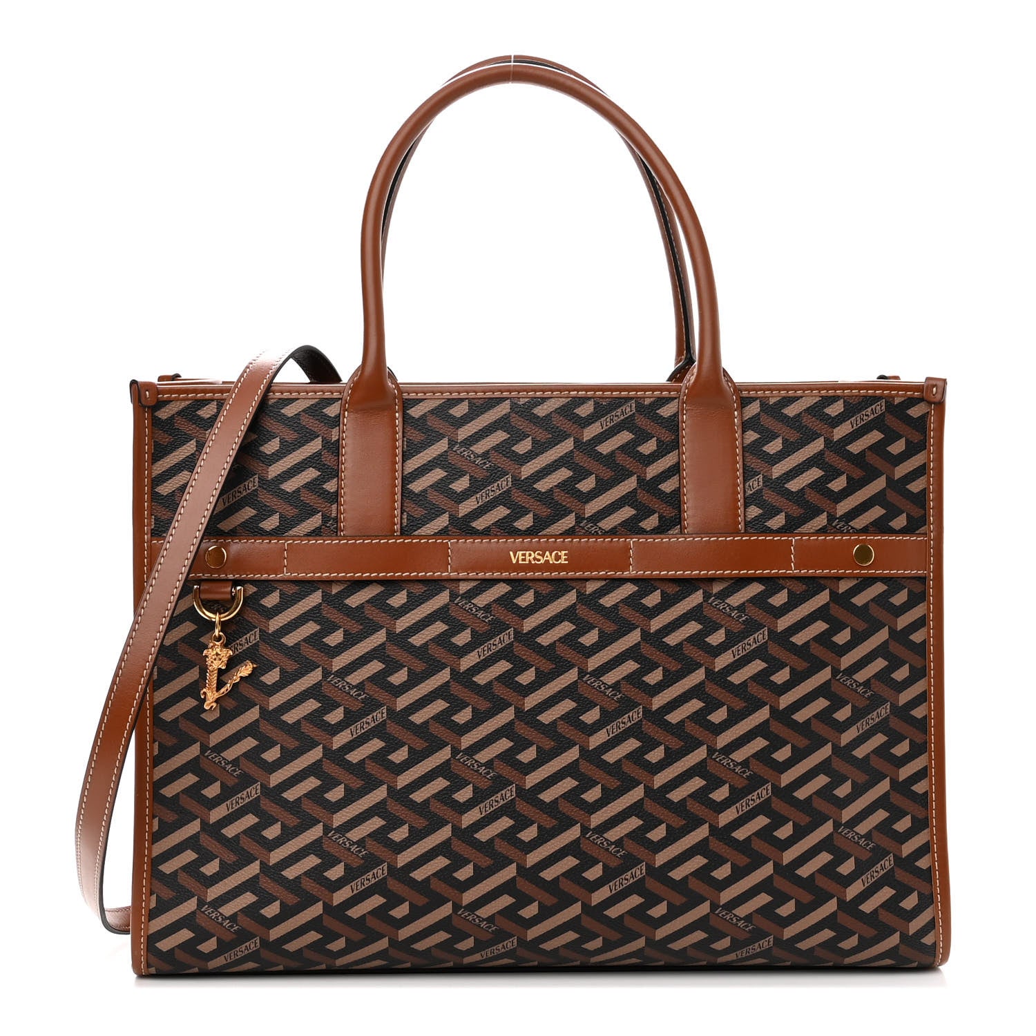 Versace Coated Canvas Calfskin La Greca Signature Tote Bag Black Caramel 1 of 11