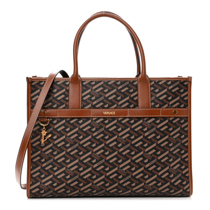 Versace Coated Canvas Calfskin La Greca Signature Tote Bag Black Caramel 1 of 11