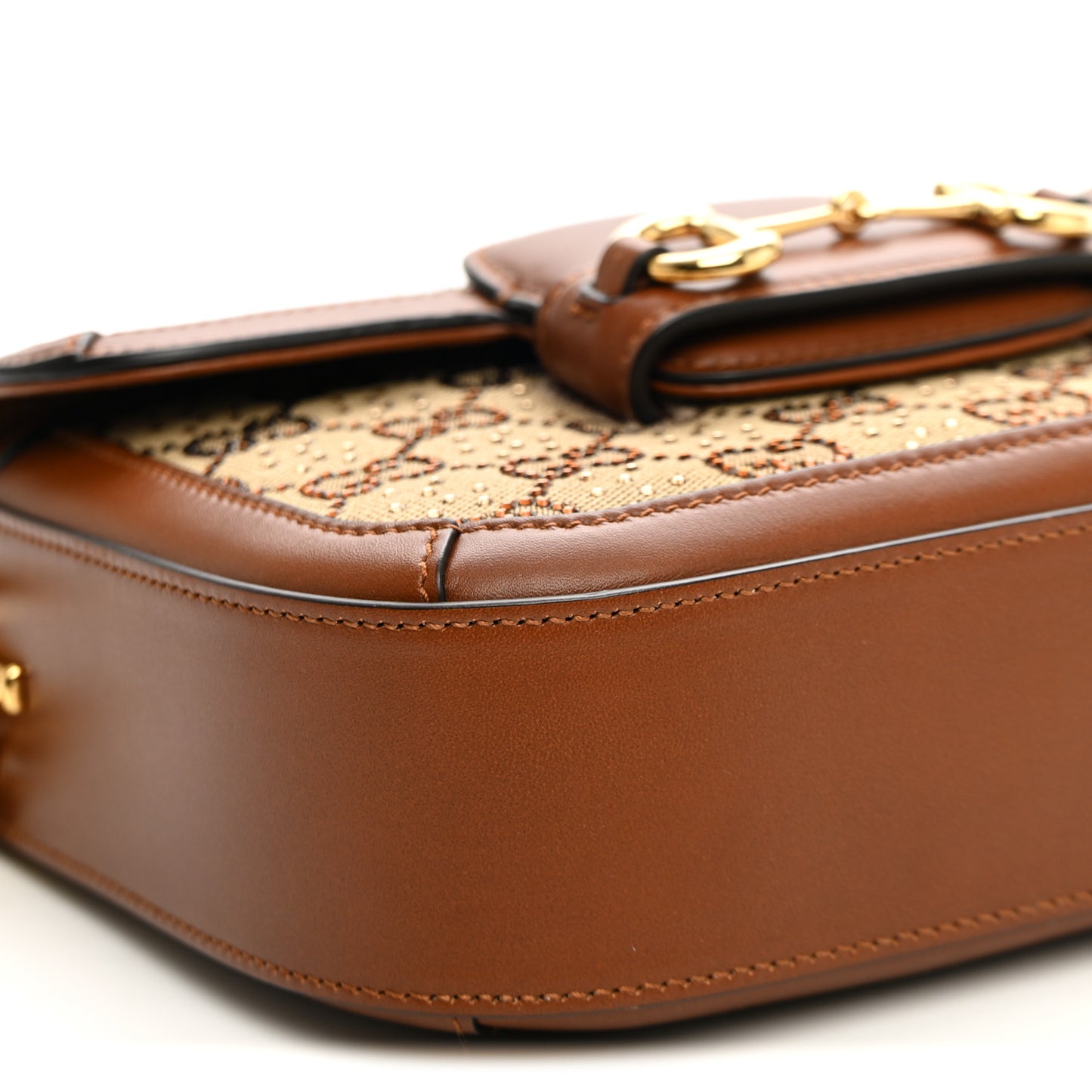 New Canvas Charisma Calfskin Crystal GG Monogram Mini Horsebit 1955 Shoulder Bag Camel Ebony
