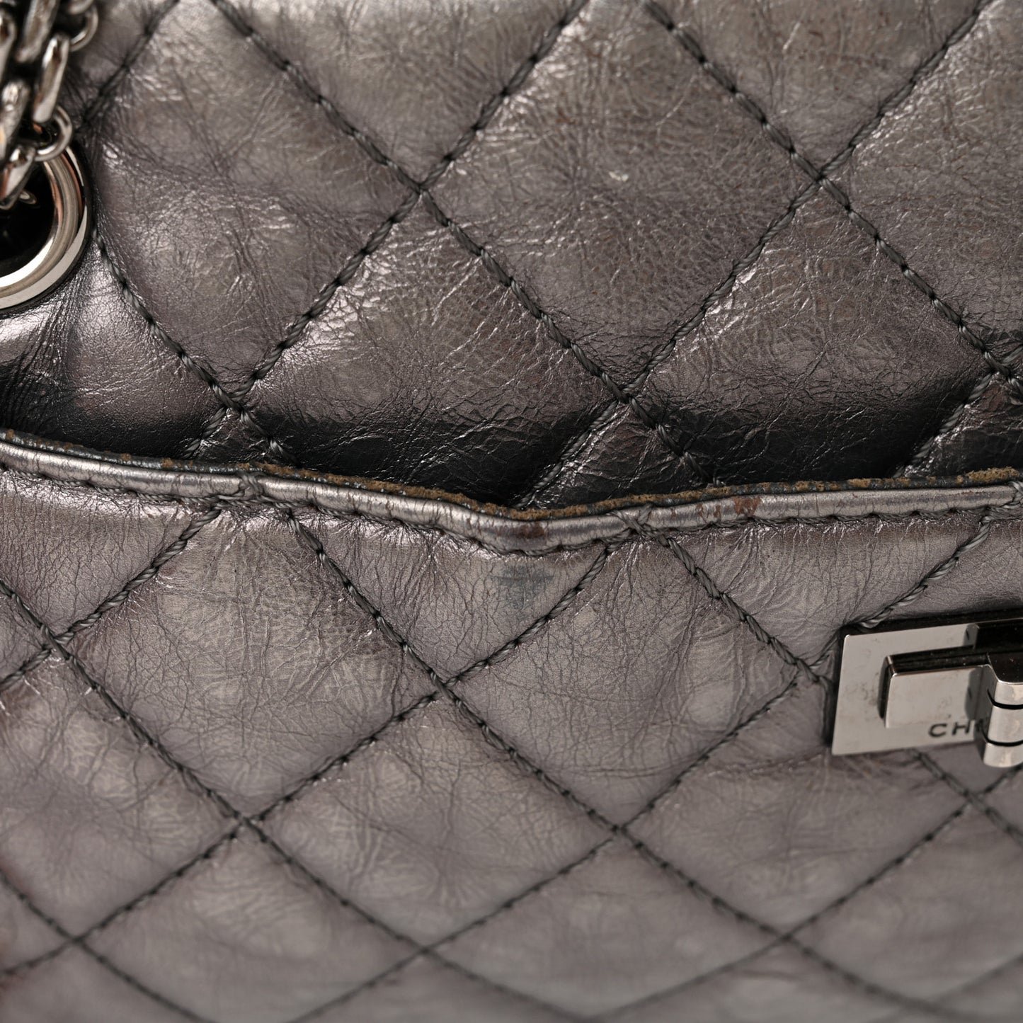Metallic Aged Calfskin Quilted Medium Reissue Camera Case Dark Silver