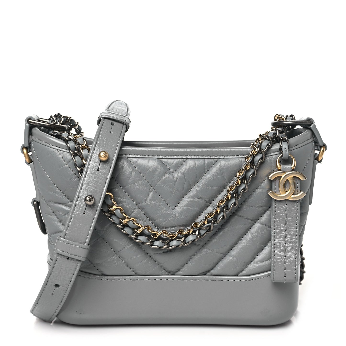 Aged Calfskin Chevron Quilted Small Gabrielle Hobo Grey