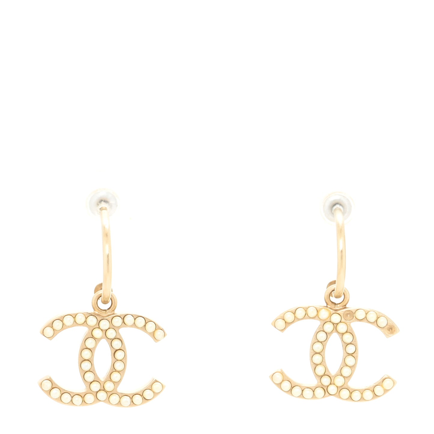 Crystal Pearl Caviar CC Drop Earrings Gold