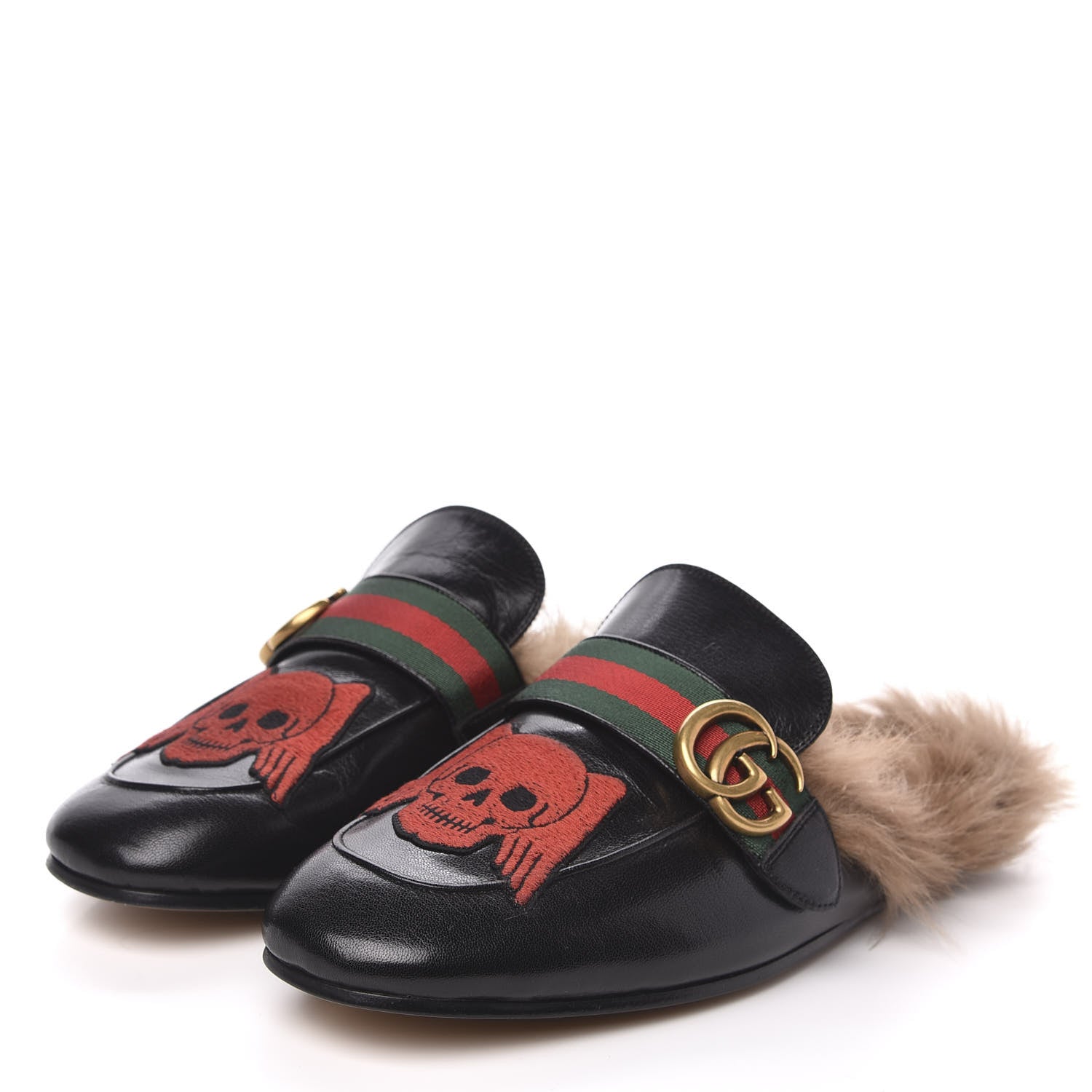 Gucci Goatskin Fur Web GG Skull Embroidered Mens Princetown Slippers 8 Black 3 of 7