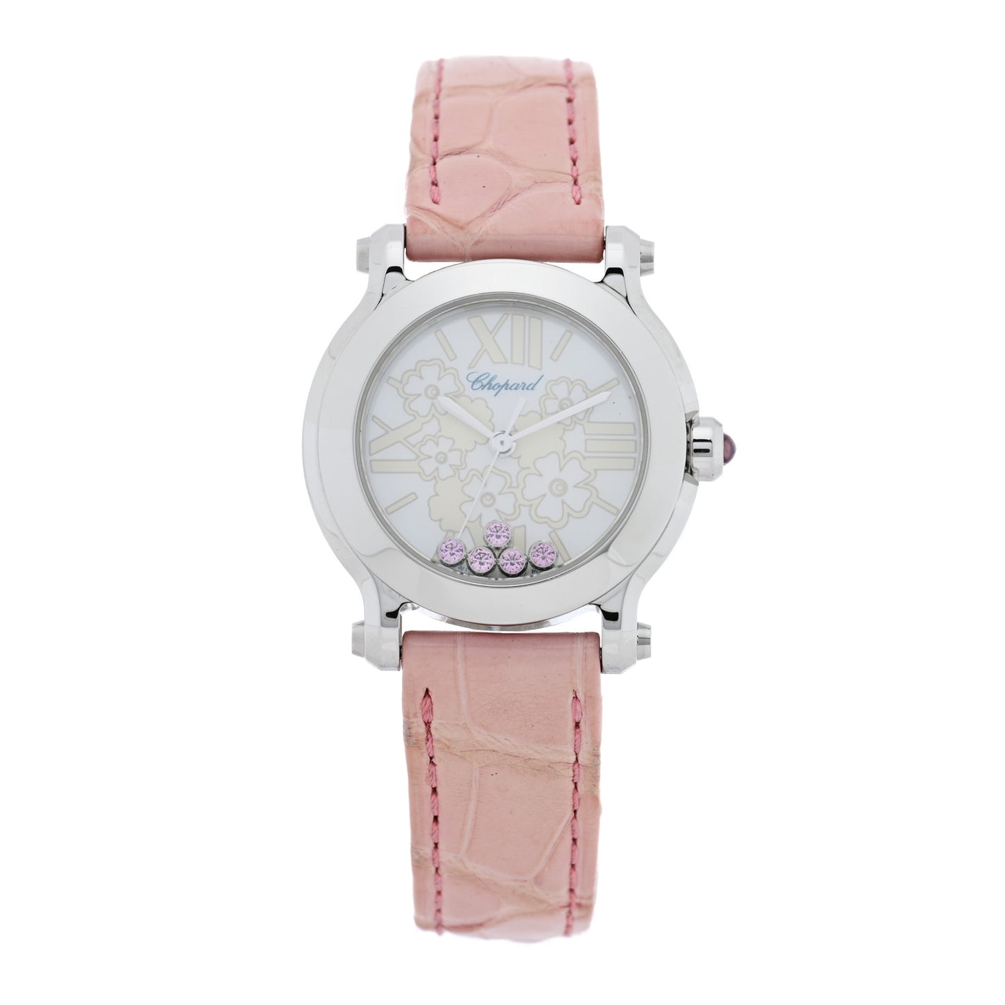 Stainless Steel Alligator Pink Sapphire Mother of Pearl 30mm Happy Sport Blossom Quartz Watch