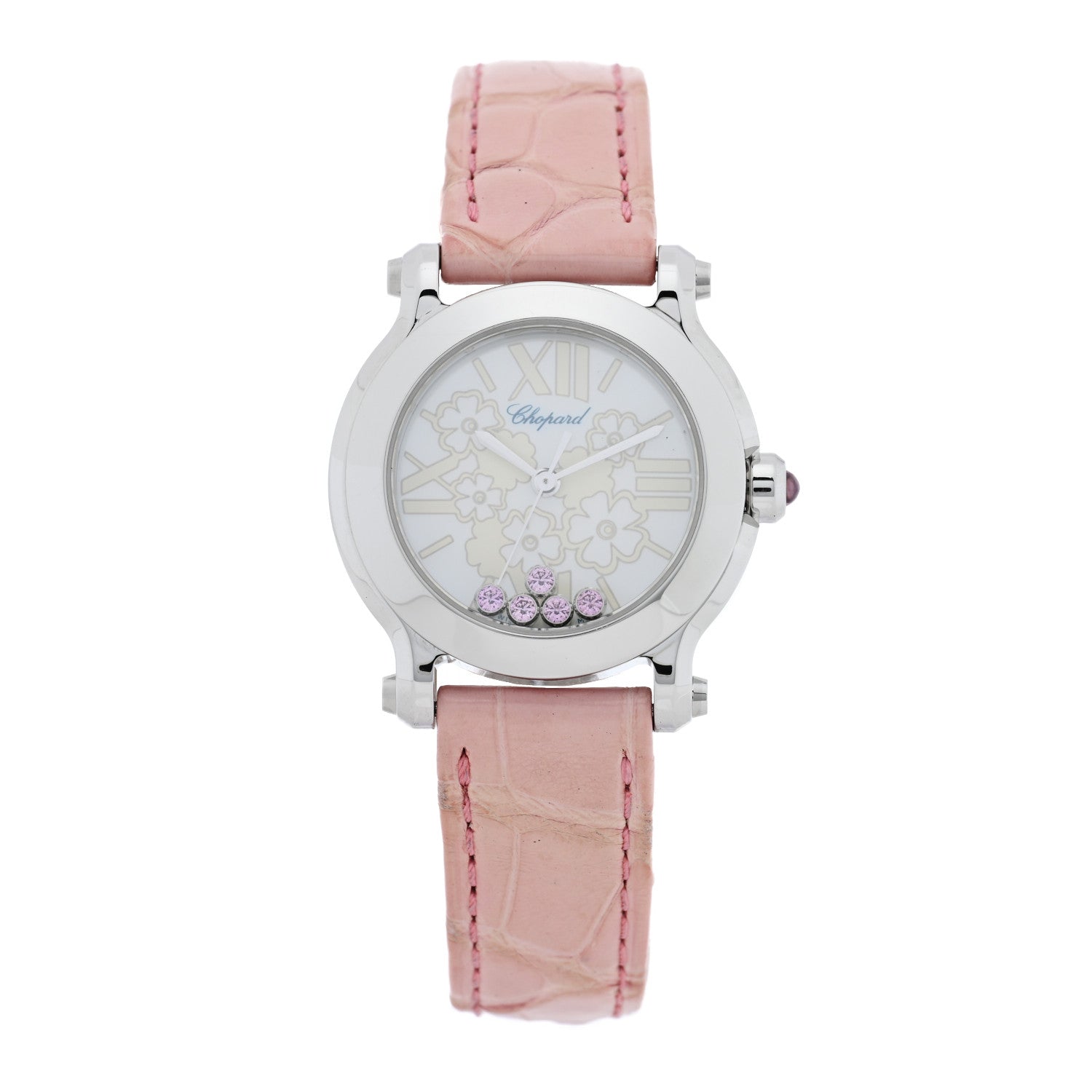 Chopard Stainless Steel Alligator Pink Sapphire Mother of Pearl 30mm Happy Sport Blossom Quartz Watch 1 of 5