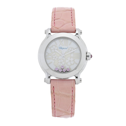 Chopard Stainless Steel Alligator Pink Sapphire Mother of Pearl 30mm Happy Sport Blossom Quartz Watch 1 of 5